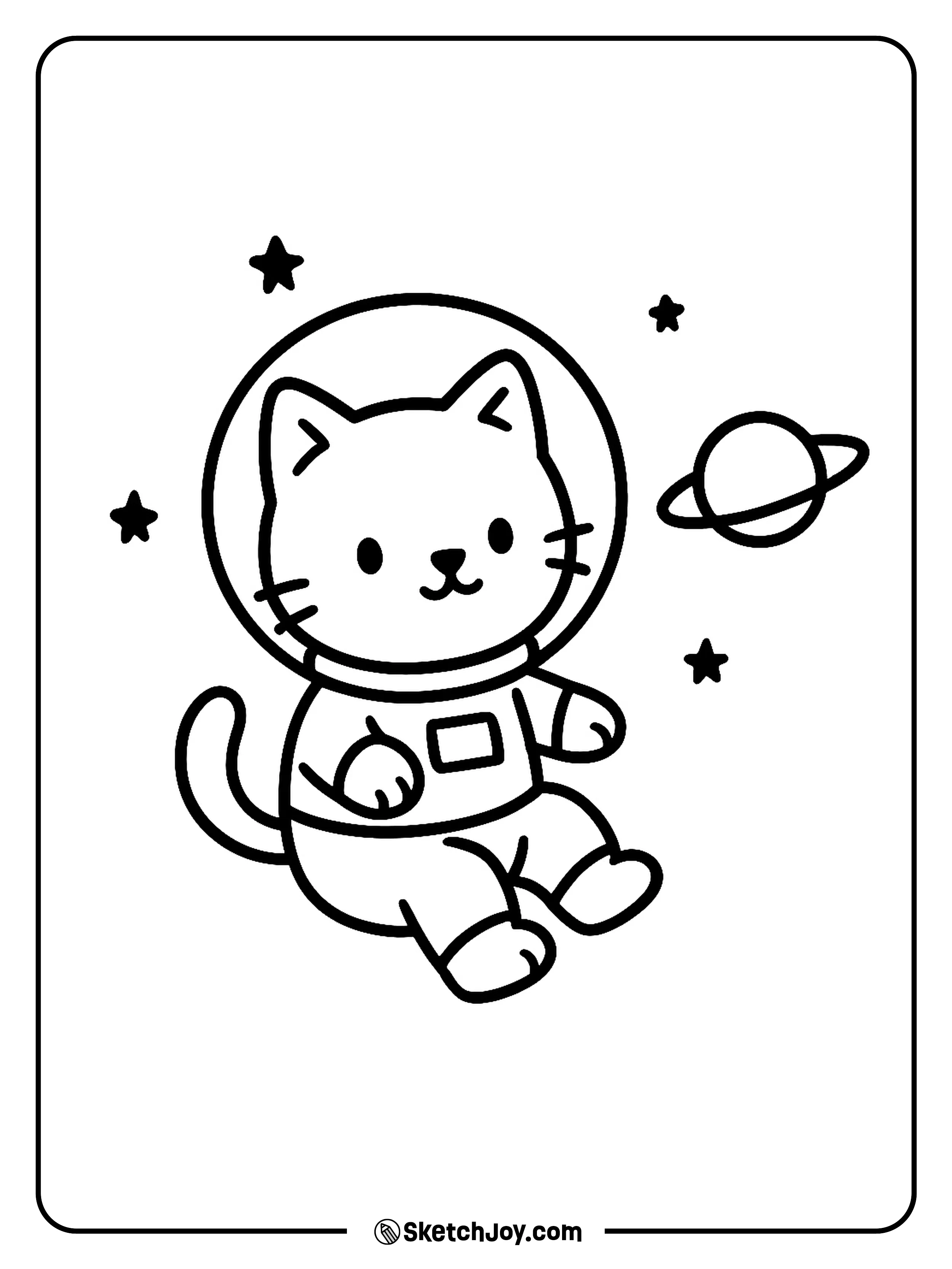 A tiny cat wears a round space helmet and floats with one small planet.