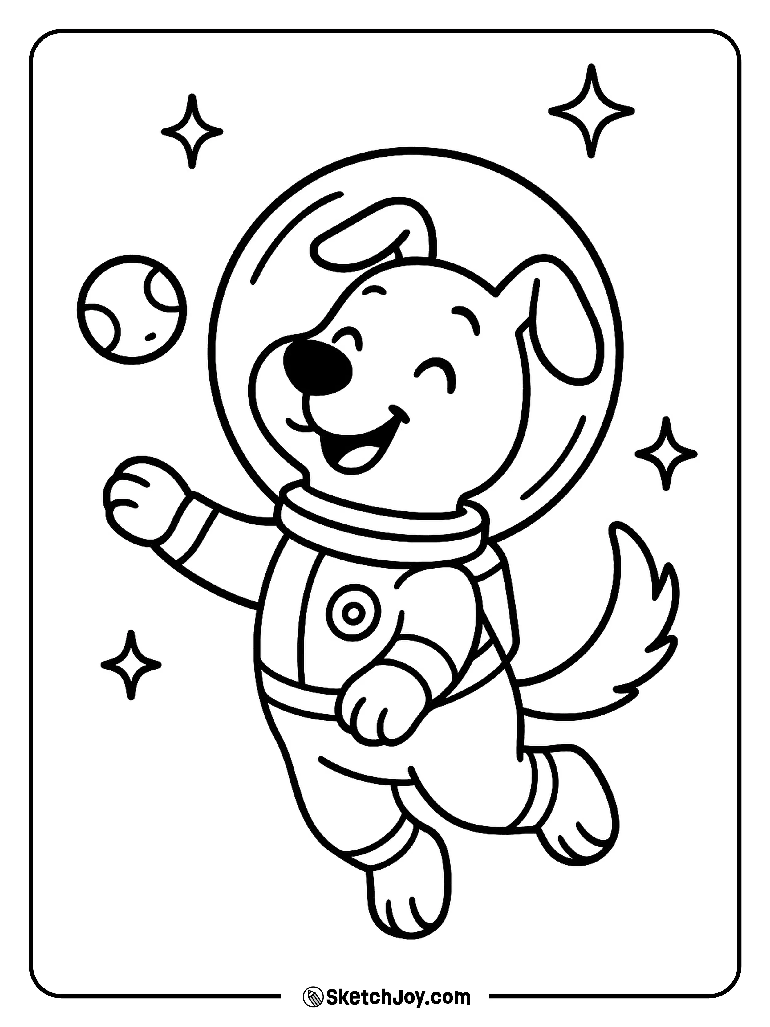 A brave dog in a space suit floats near a small planet.
