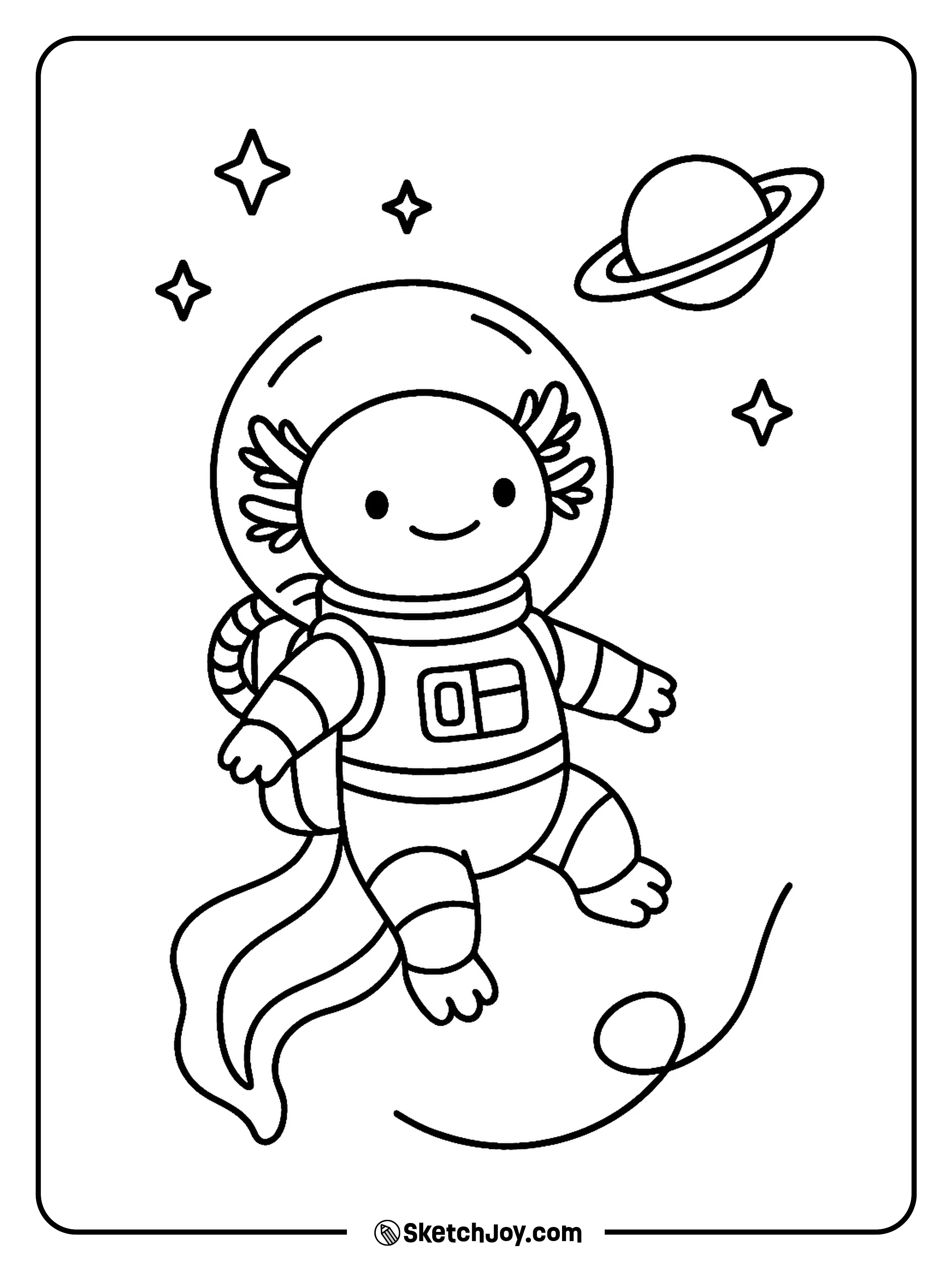 An axolotl in a round helmet floats with a tiny planet.