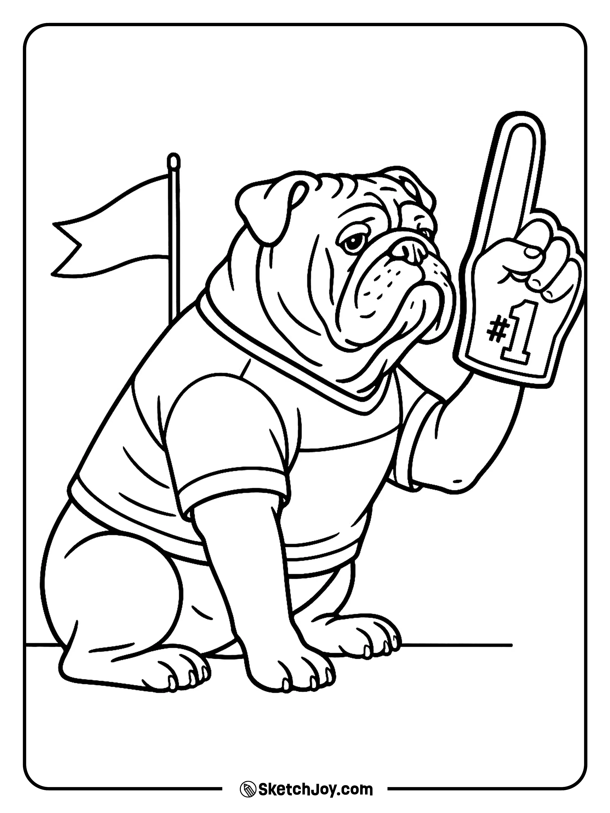 A chunky bulldog wears a jersey and holds a foam hand.