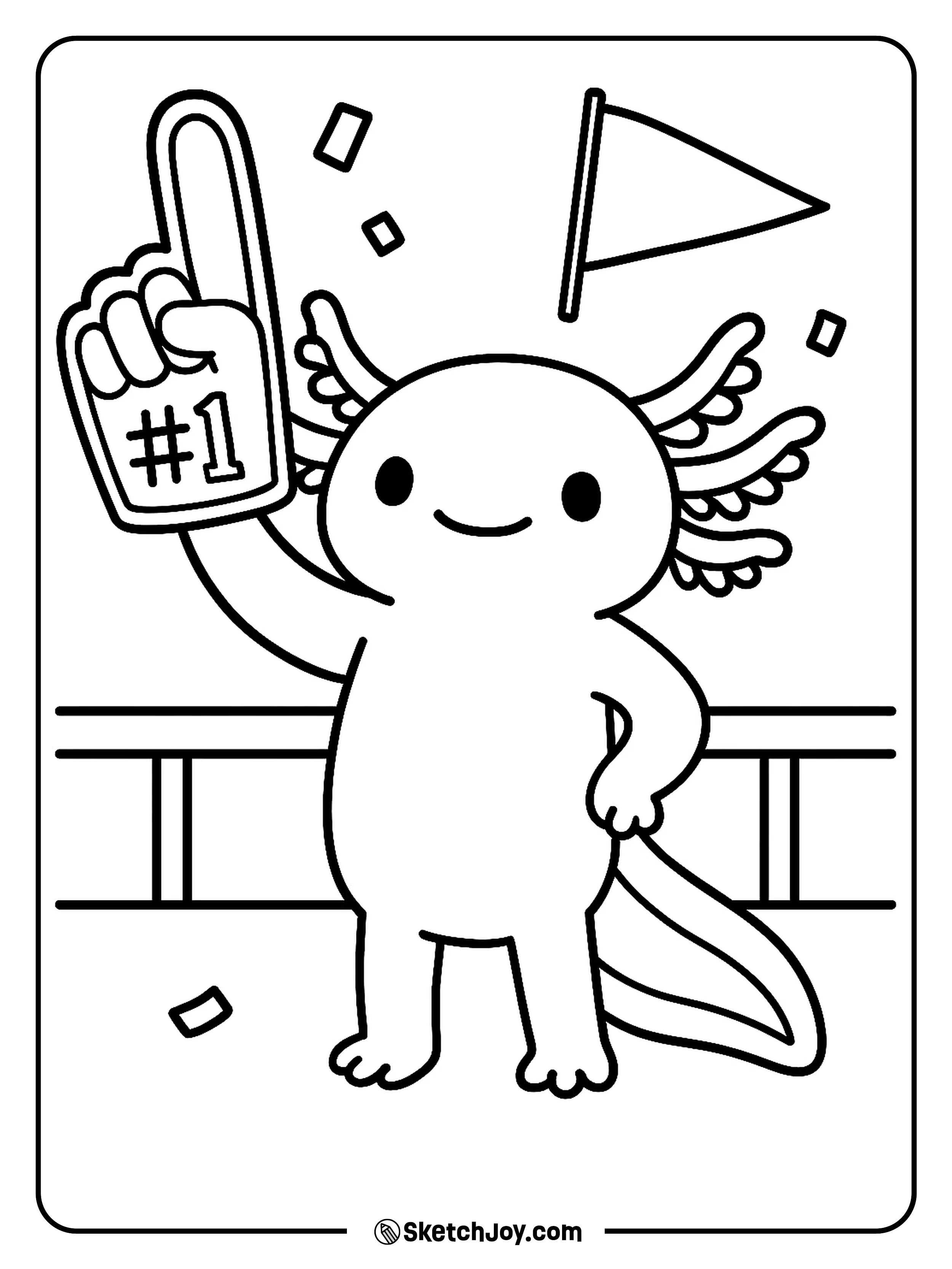 A fun axolotl holds a foam finger and cheers.