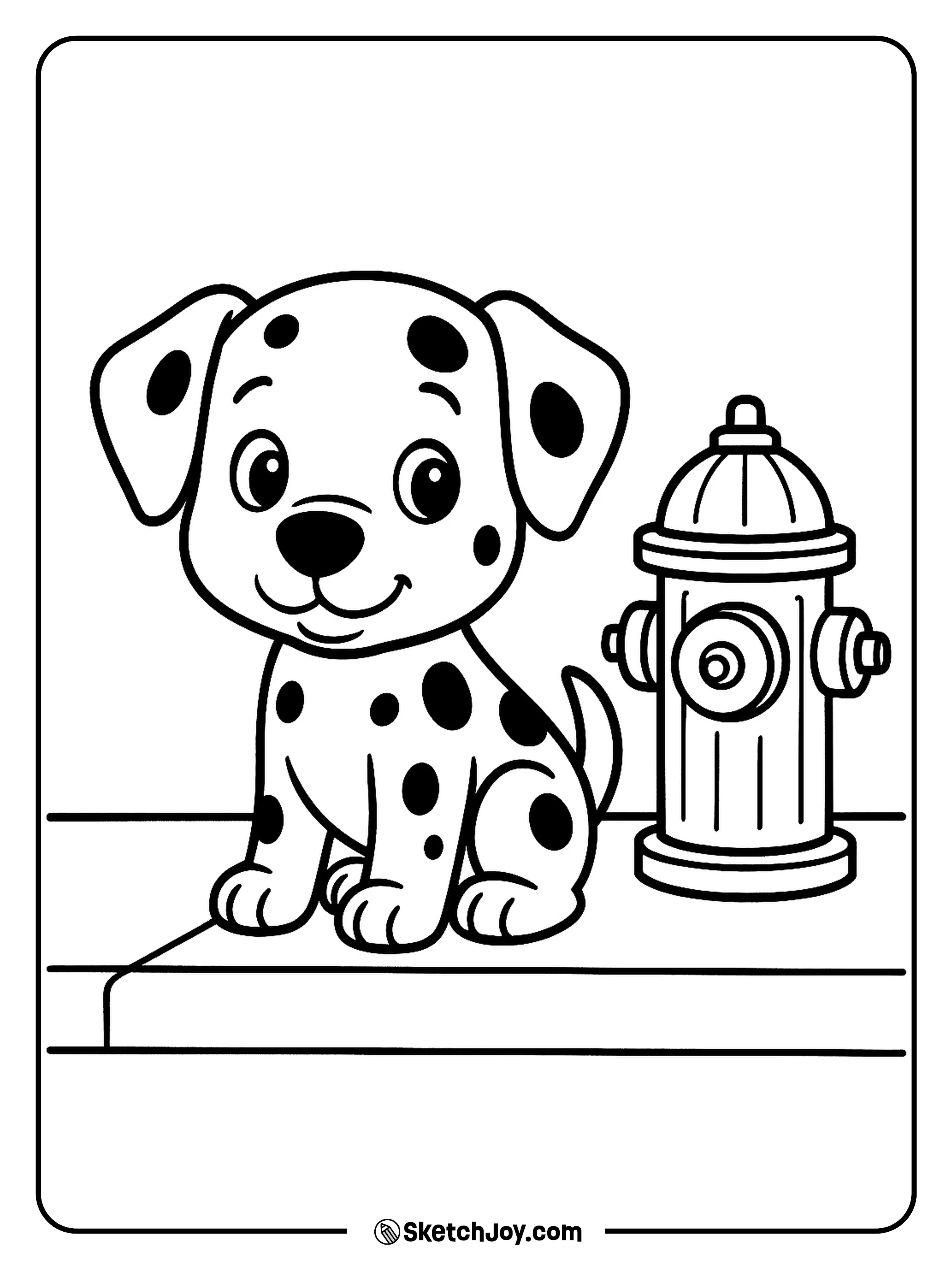 A spotty dog stands near a fire hydrant on the sidewalk.