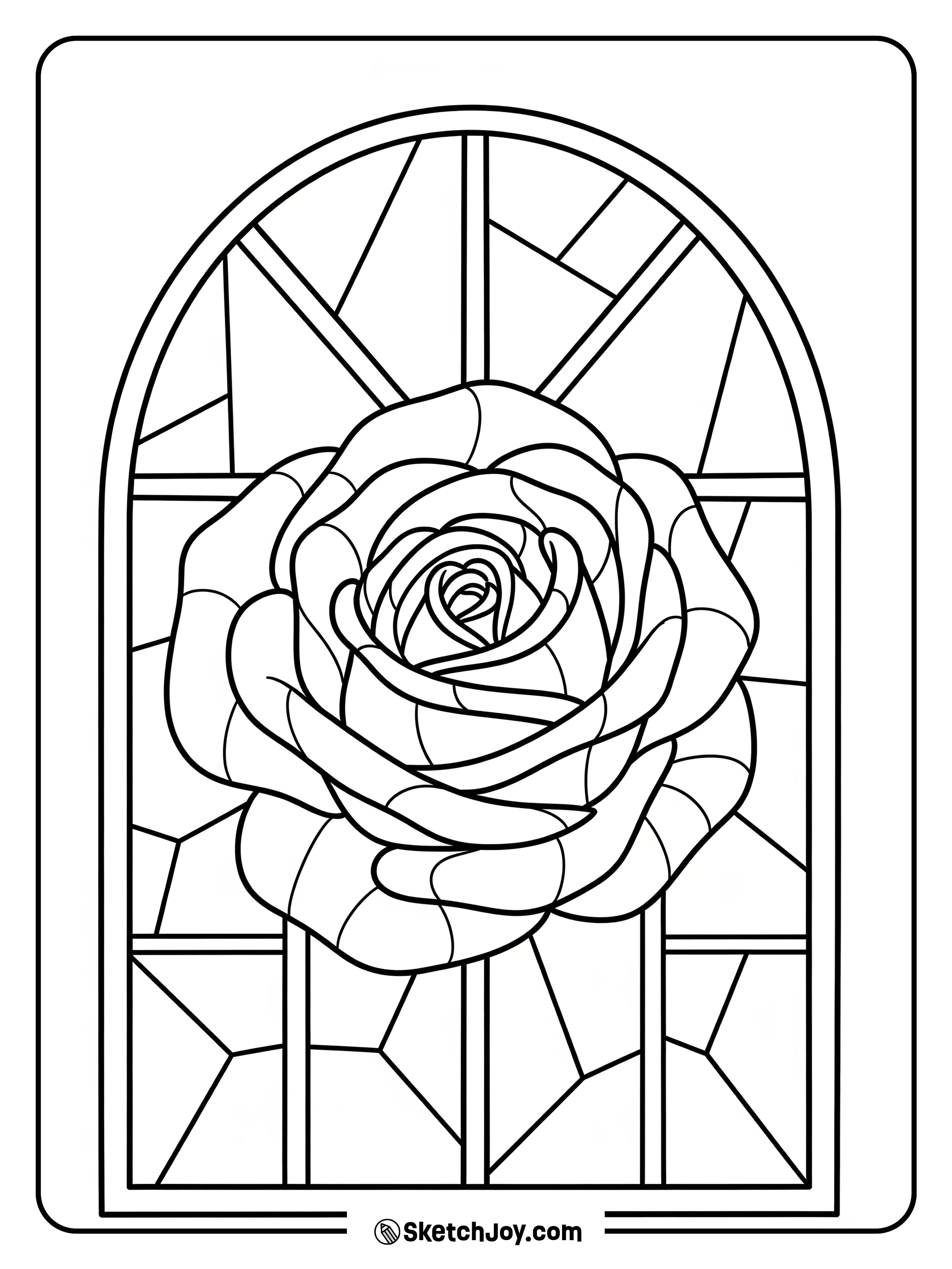 A rose sits inside a window of clean shapes.