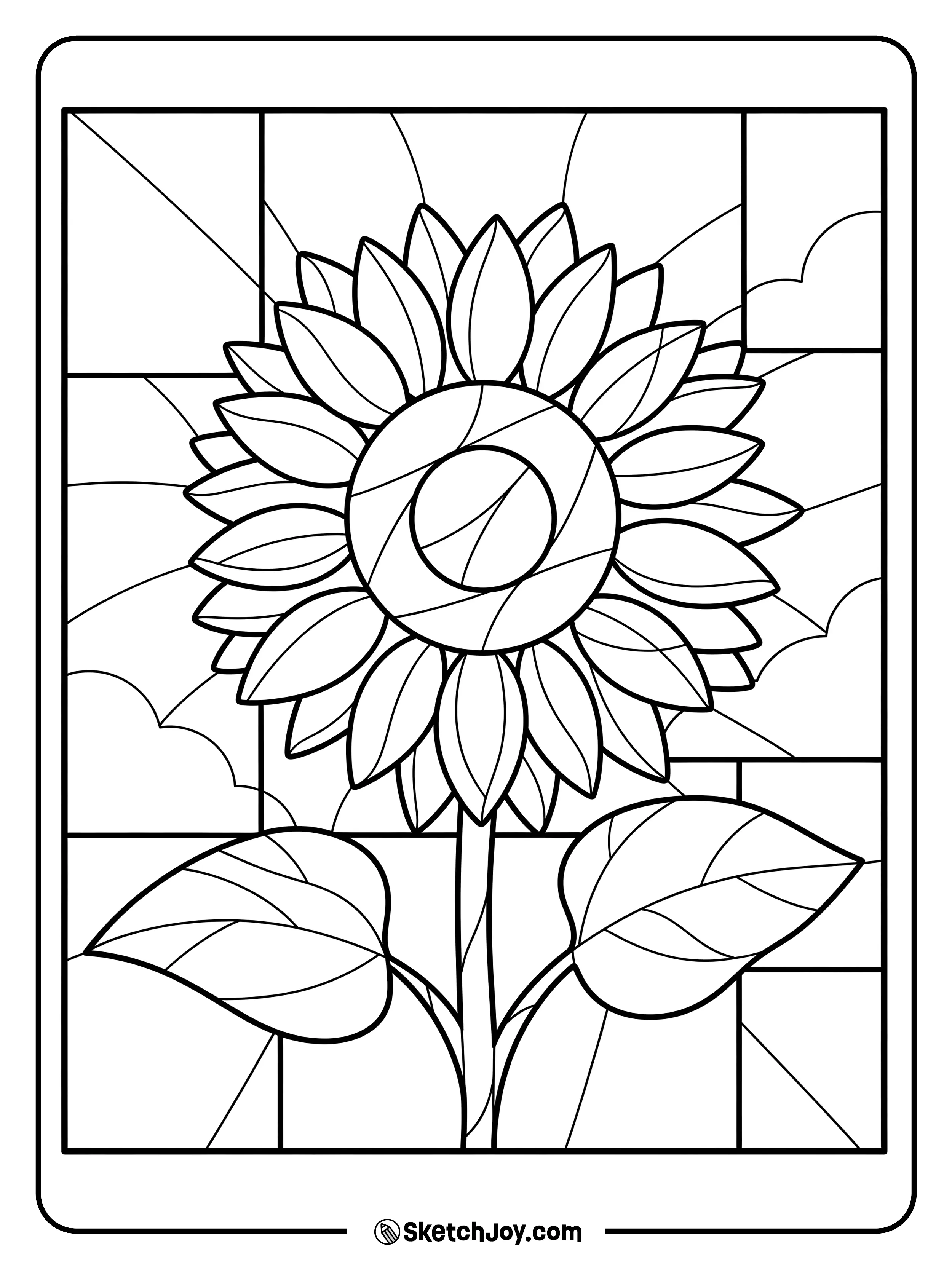 A sunflower sits inside a simple stained glass frame.