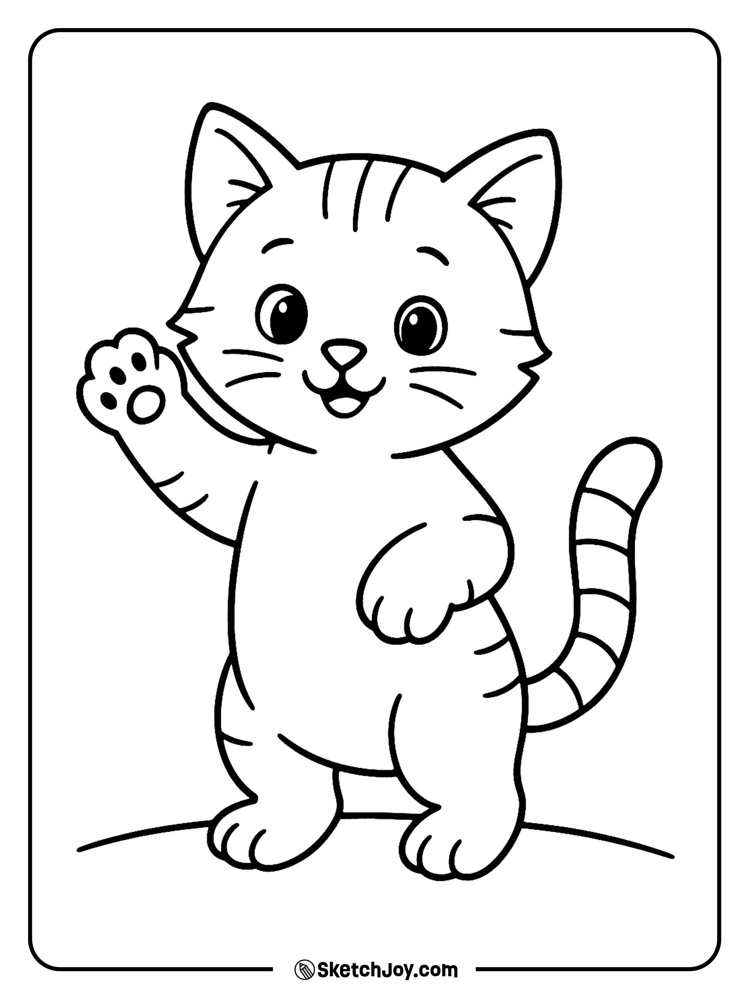 A tiny kitten stands on its back legs and waves one paw.