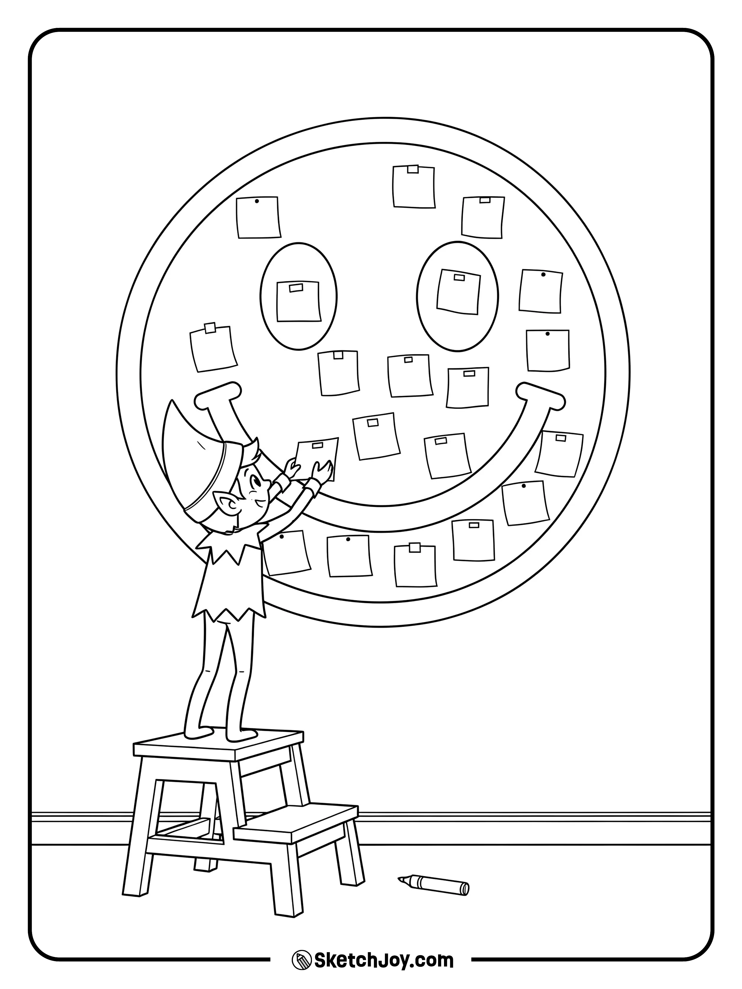 The elf posts a smiley note on the wall.