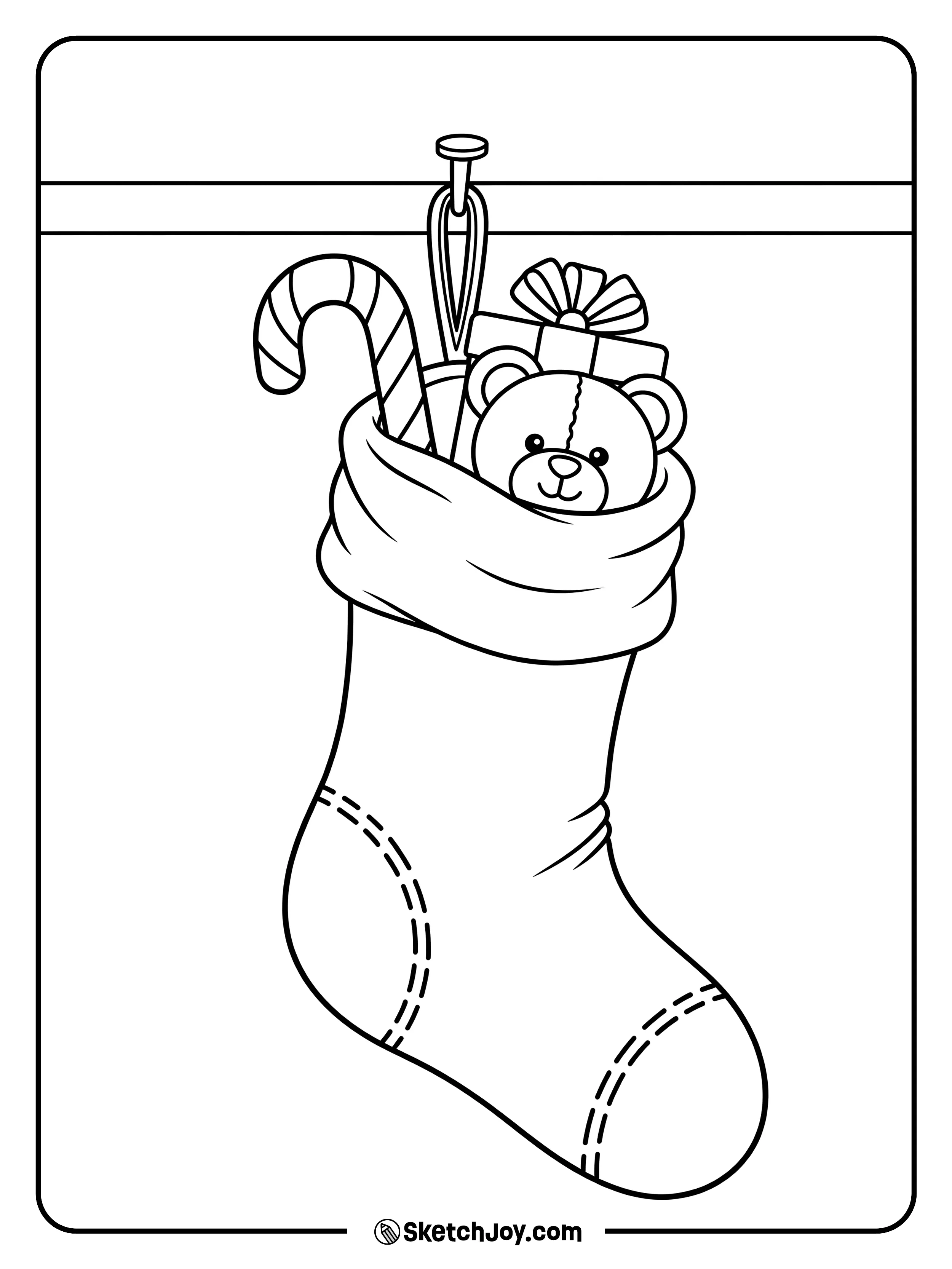 A stuffed stocking overflows with gifts.