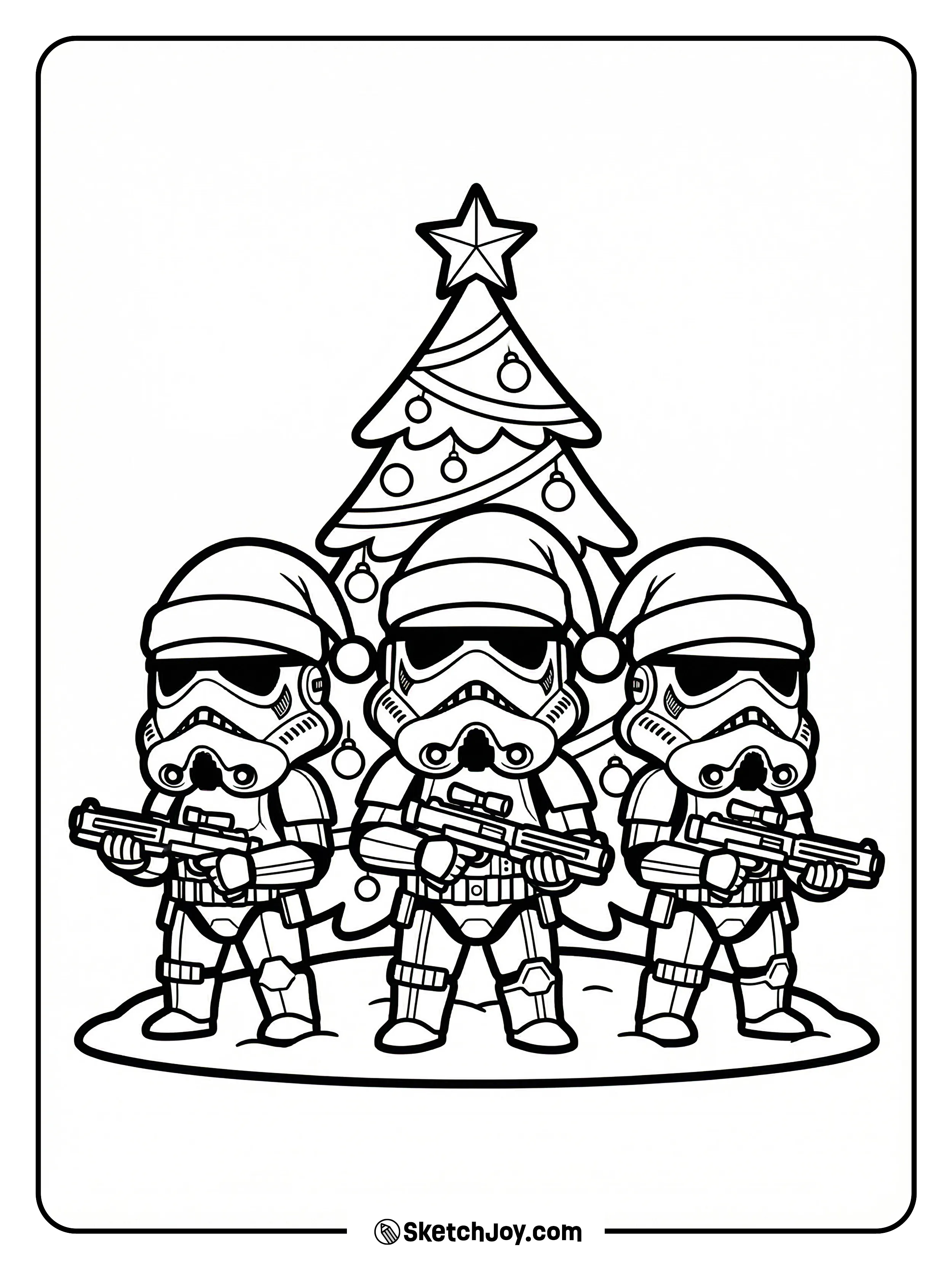 Three stormtroopers in Santa hats pose before a tree.