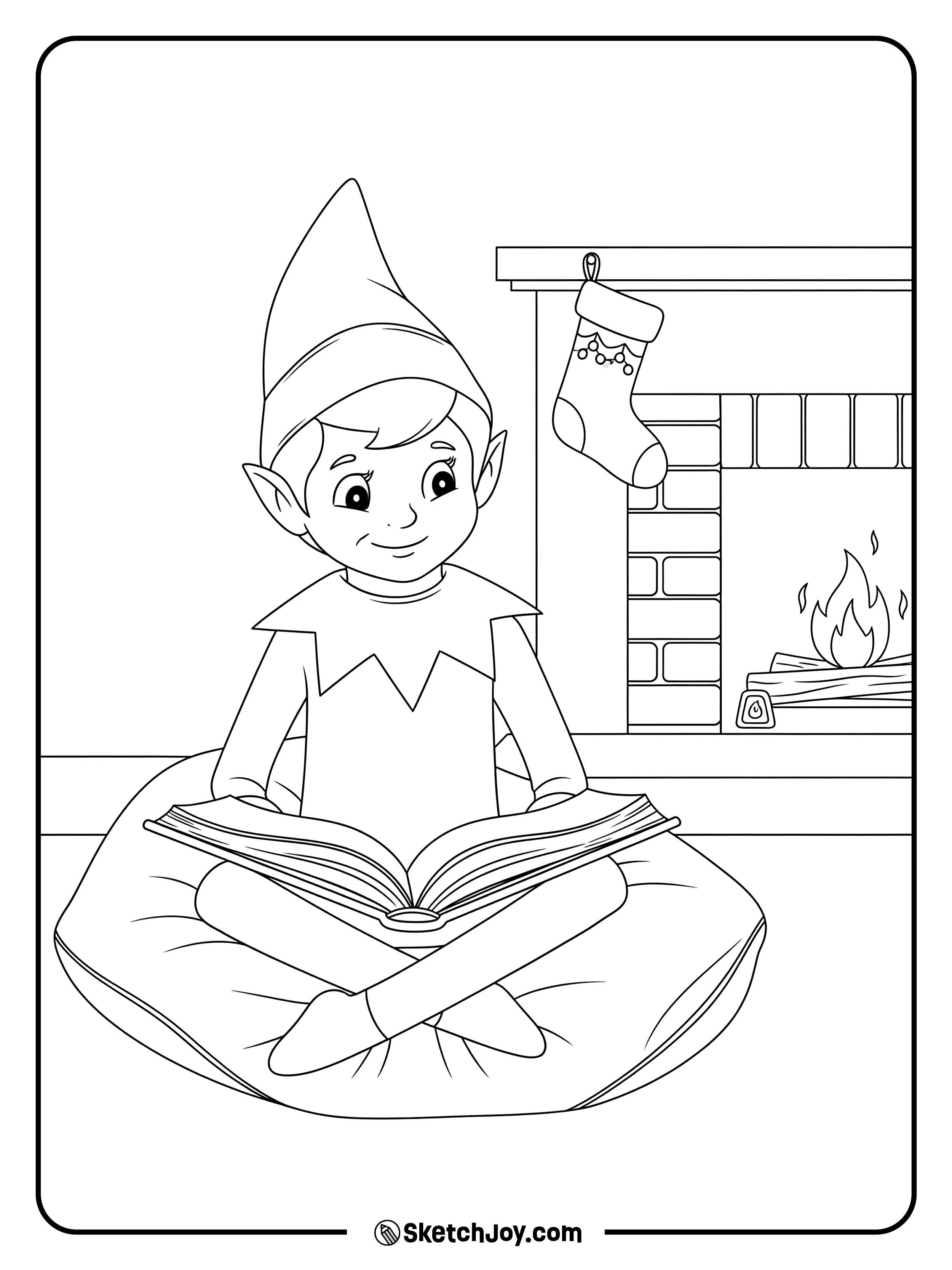 The elf reads a tiny book near warm flames.