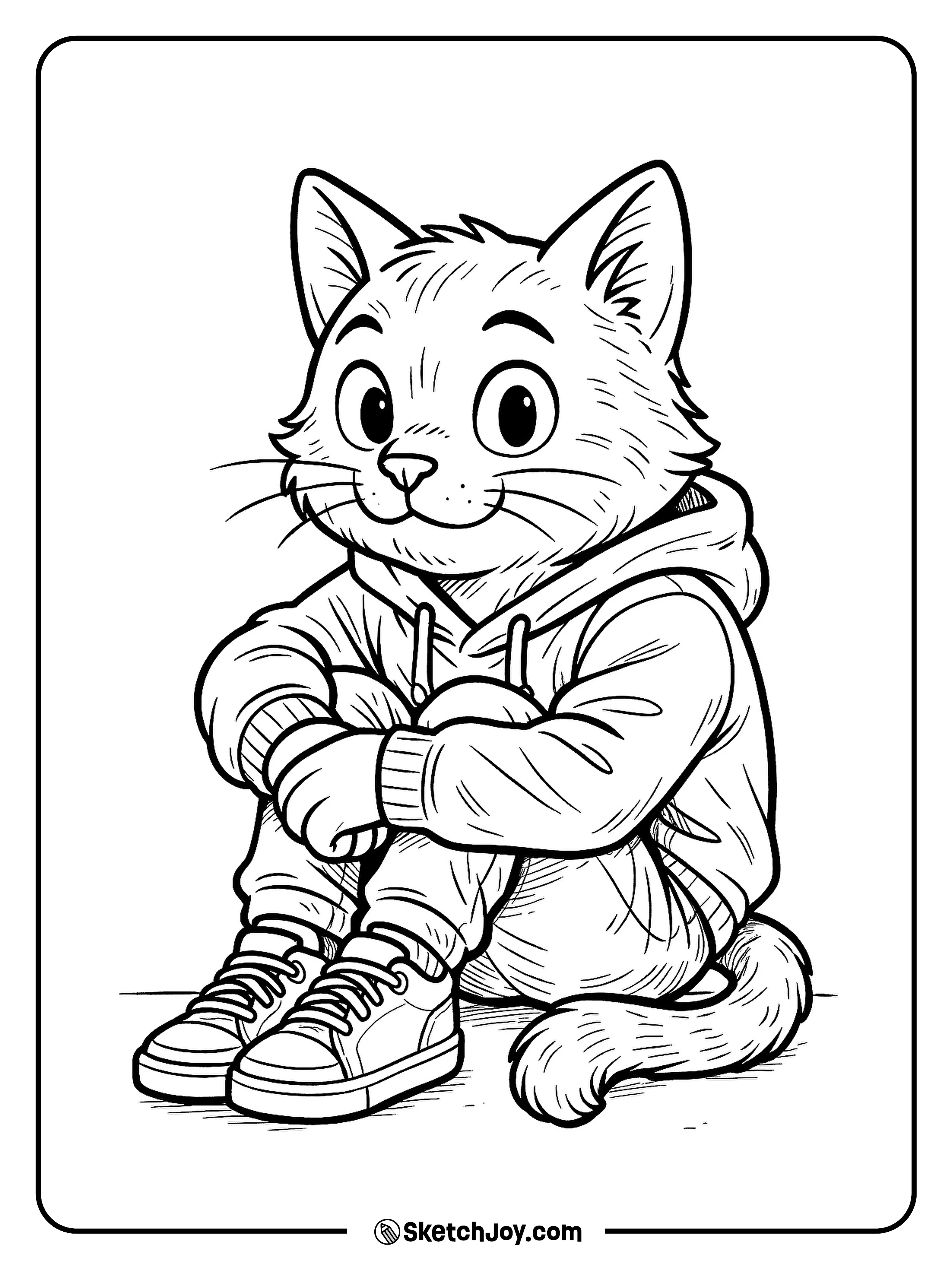 A cool cat in a hoodie sits with a relaxed pose and sharp eyes.
