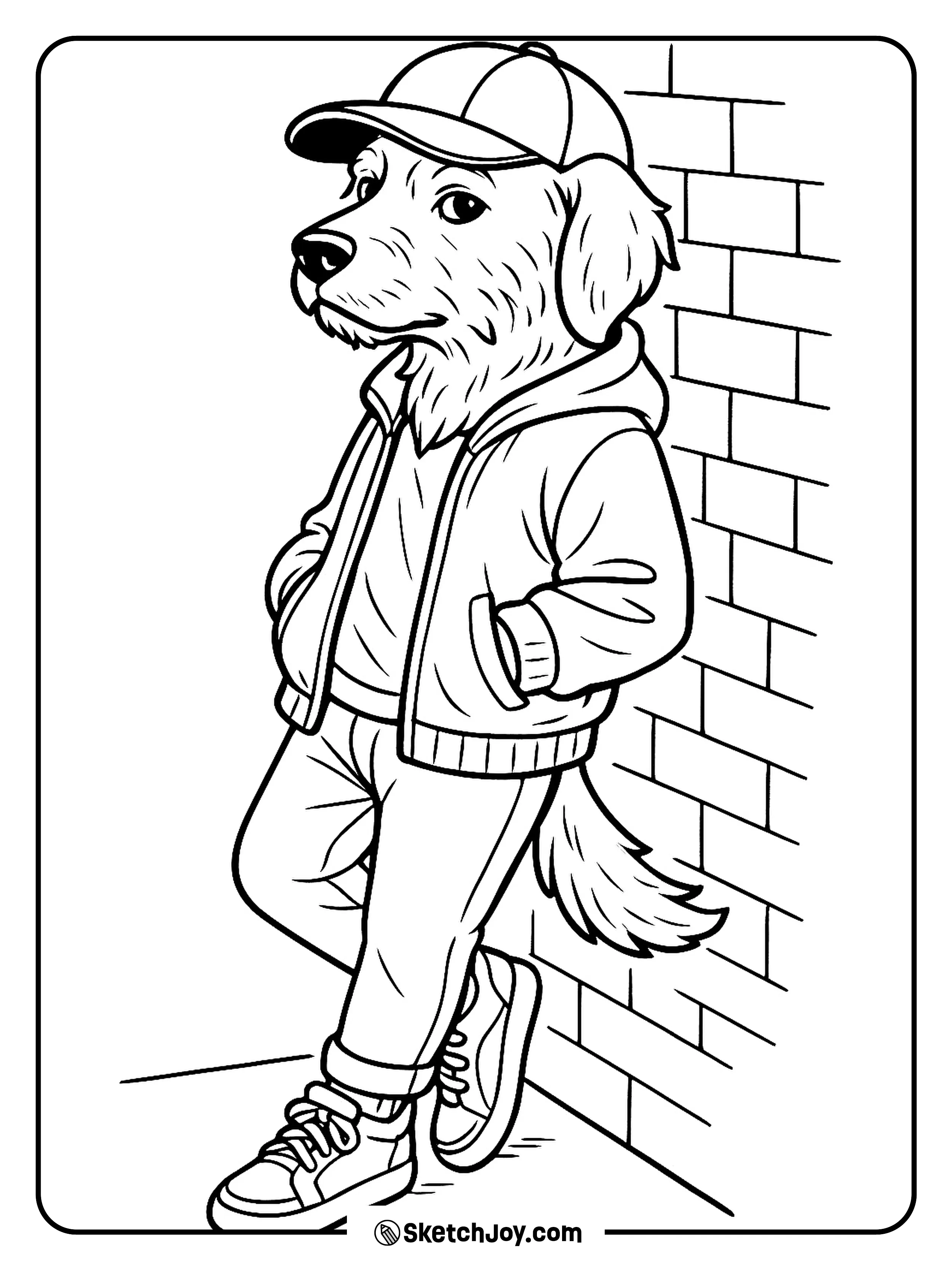 A stylish dog in casual street wear leans on a wall.