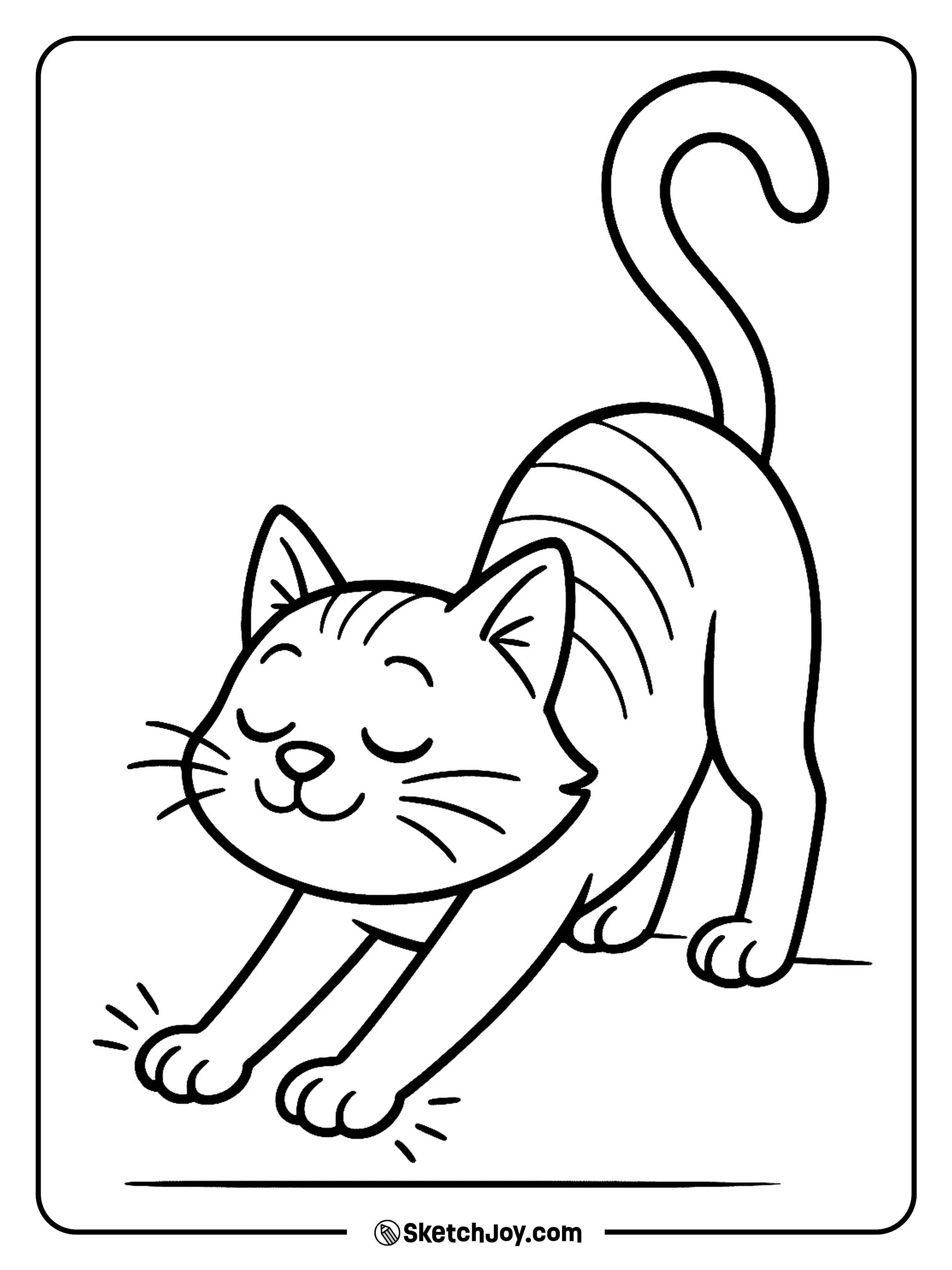 A sleepy cat stretches its back and tail after a long nap.