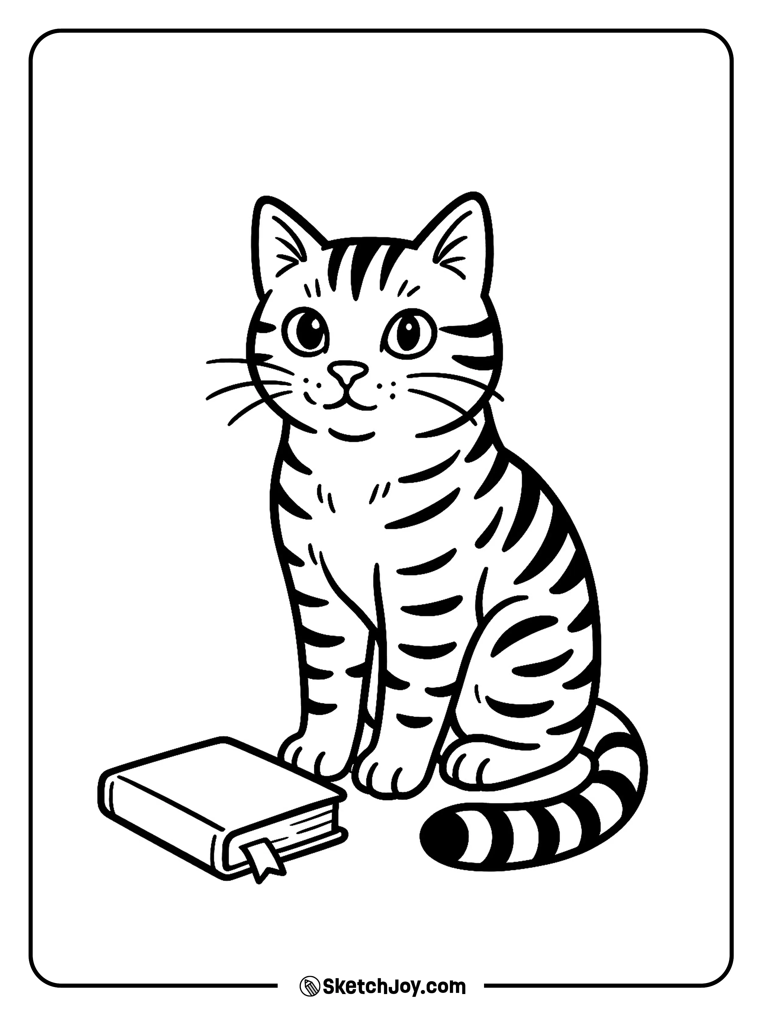 A calm cat sits next to a closed book with a soft look.