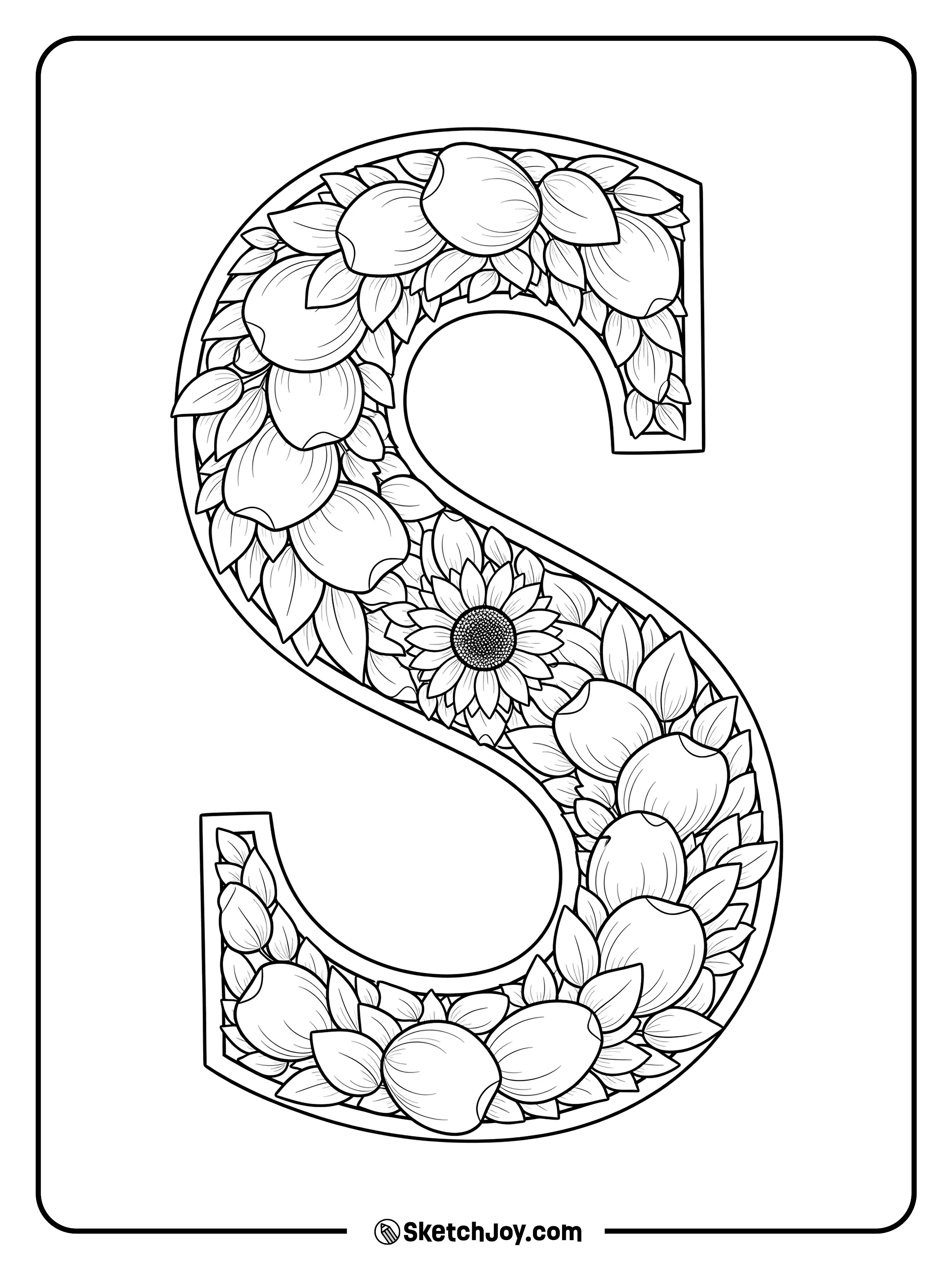 The letter S is formed with sunflower petals and leaves.