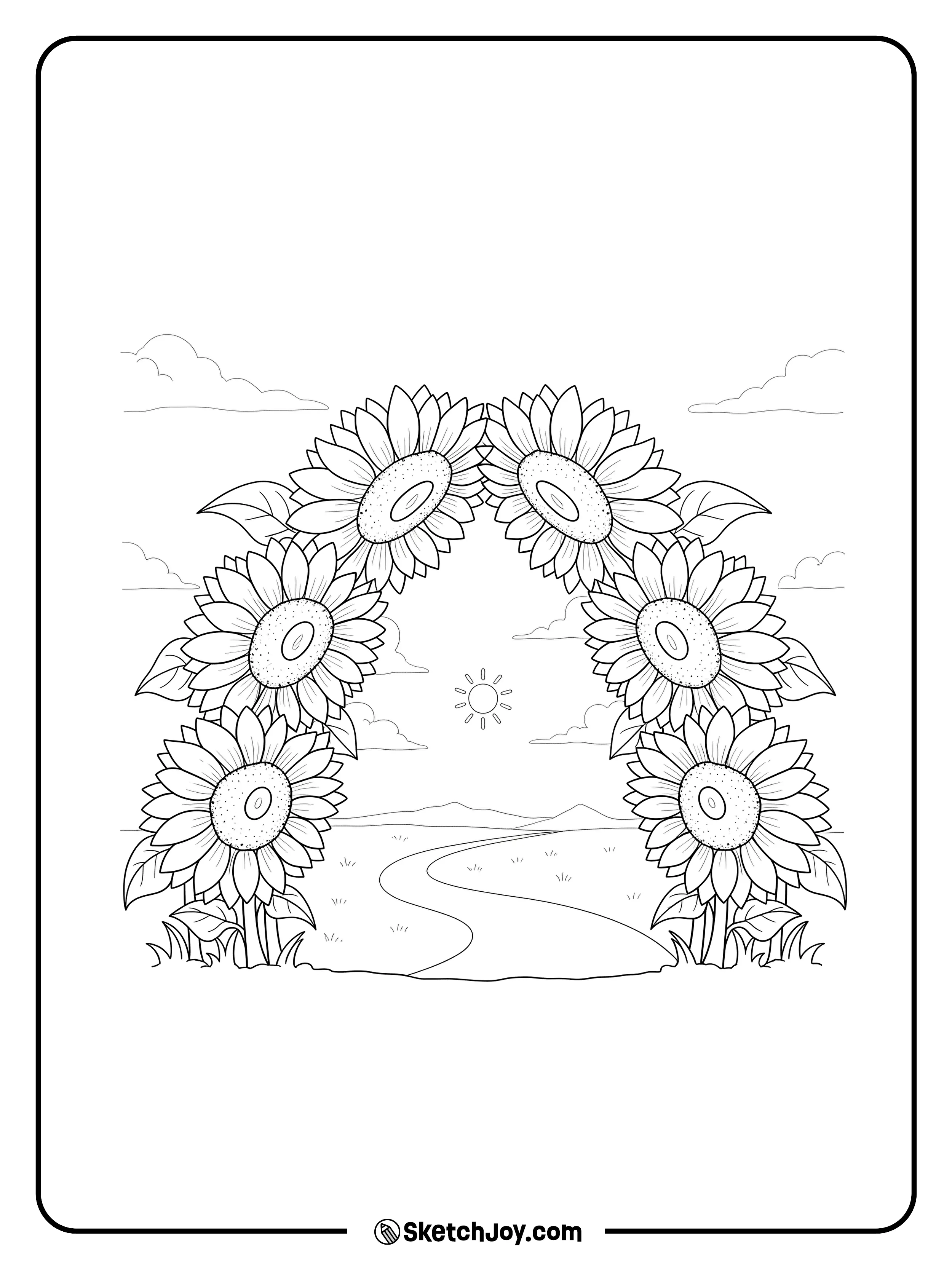 Two rows of sunflowers curve to form a gentle arch.