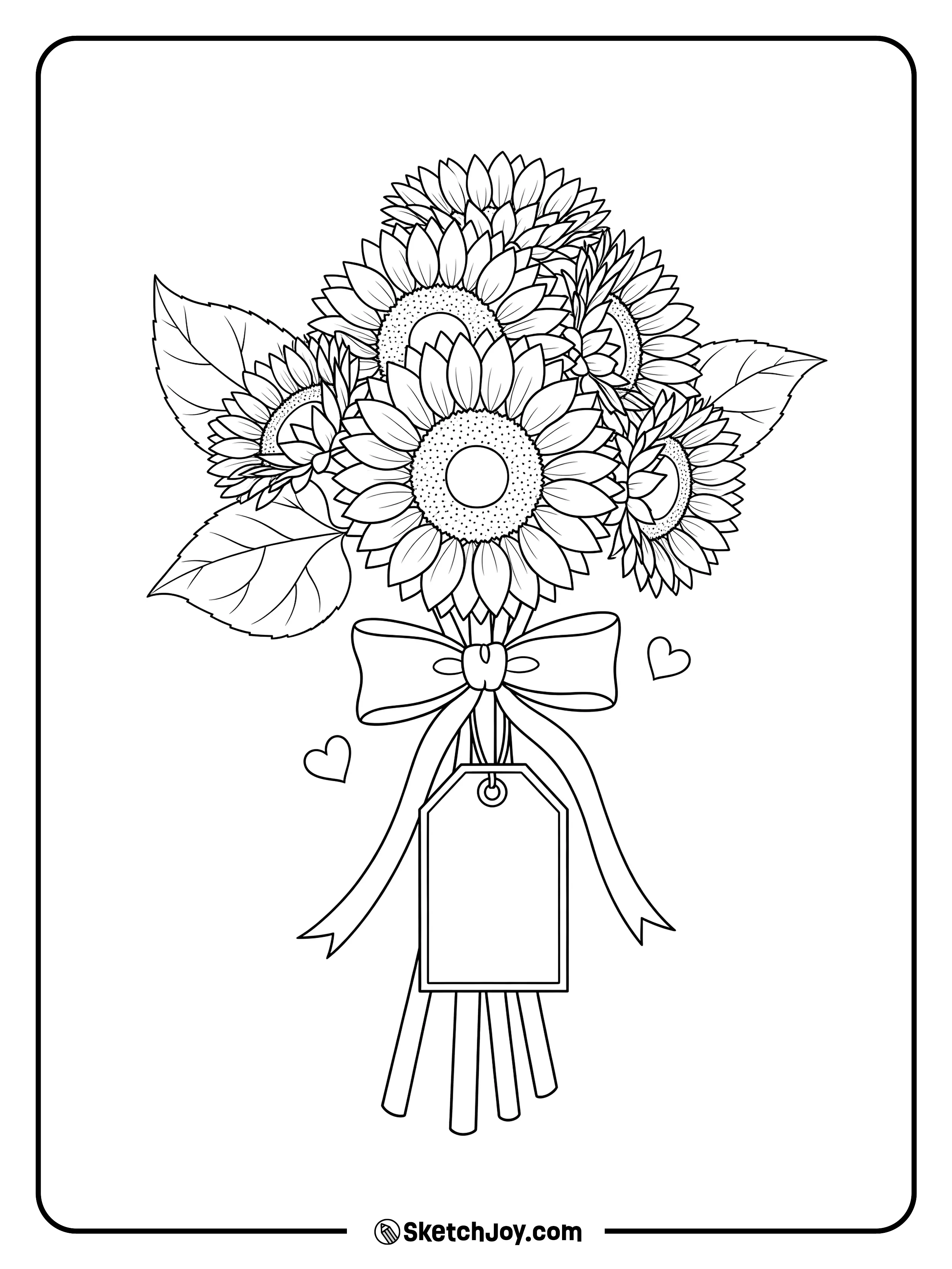 A neat bunch of sunflowers is tied with a bow.