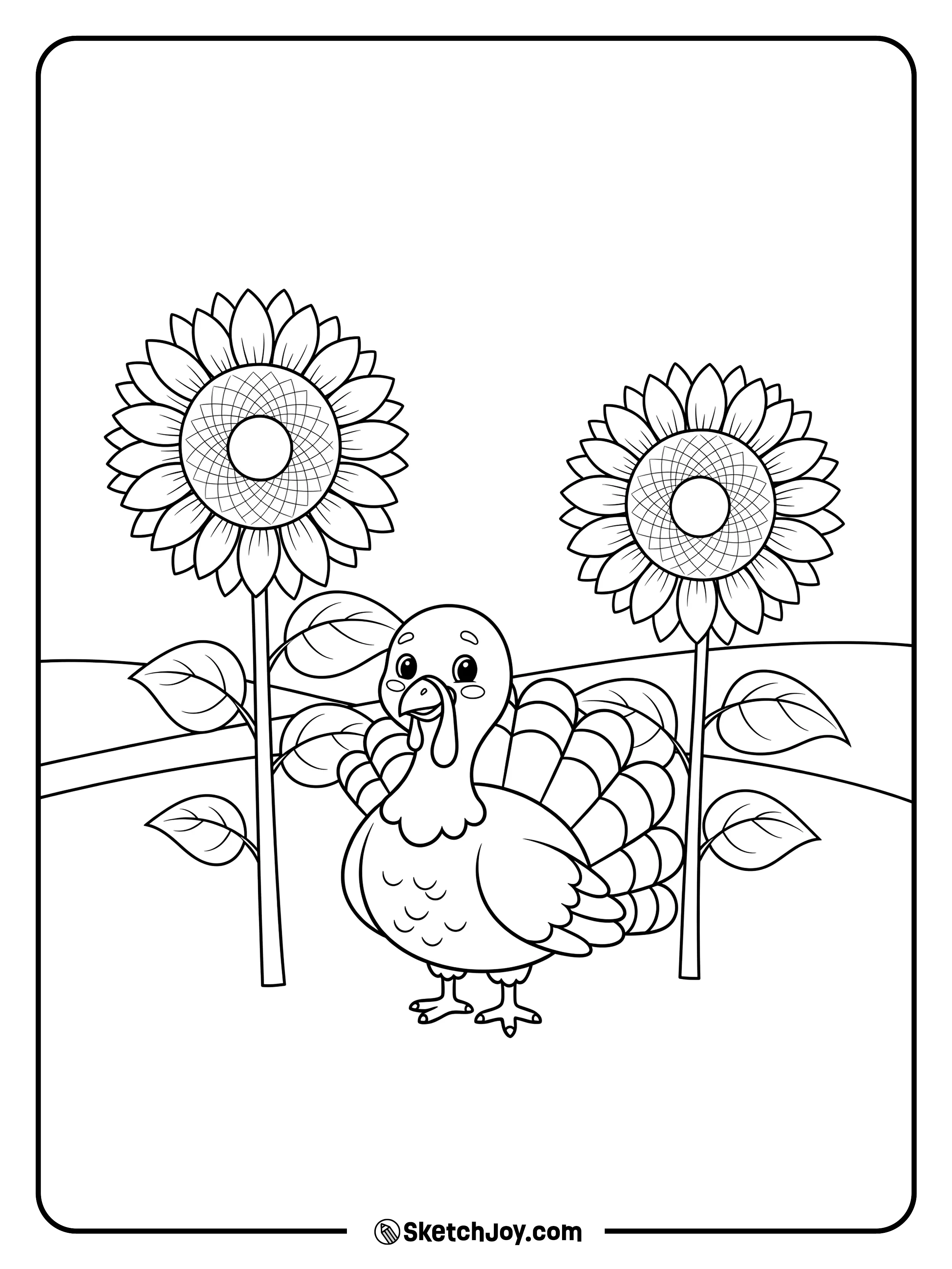 A happy turkey stands near two big sunflowers.