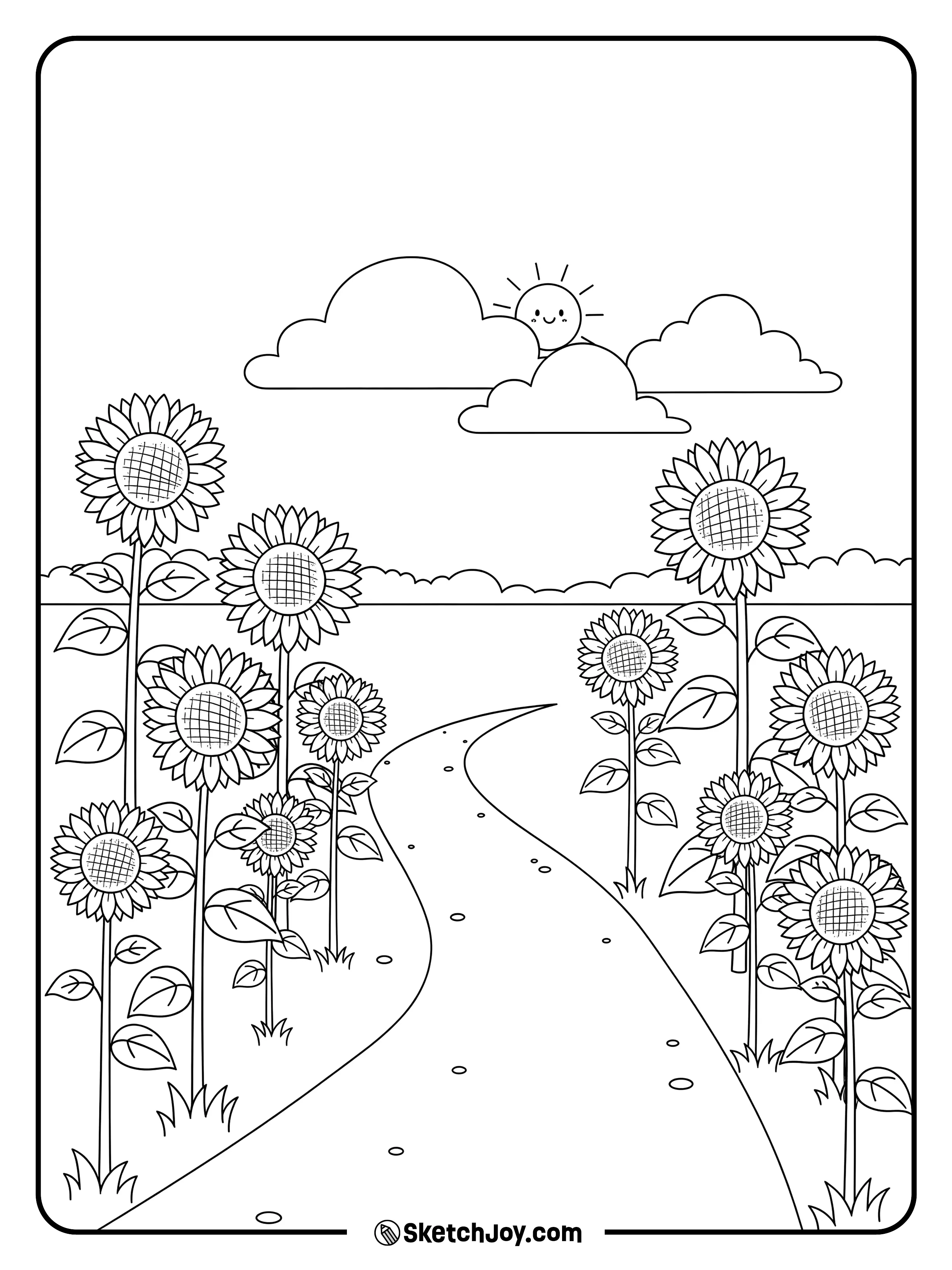 A path runs through a calm field of sunflowers under a clear sky.