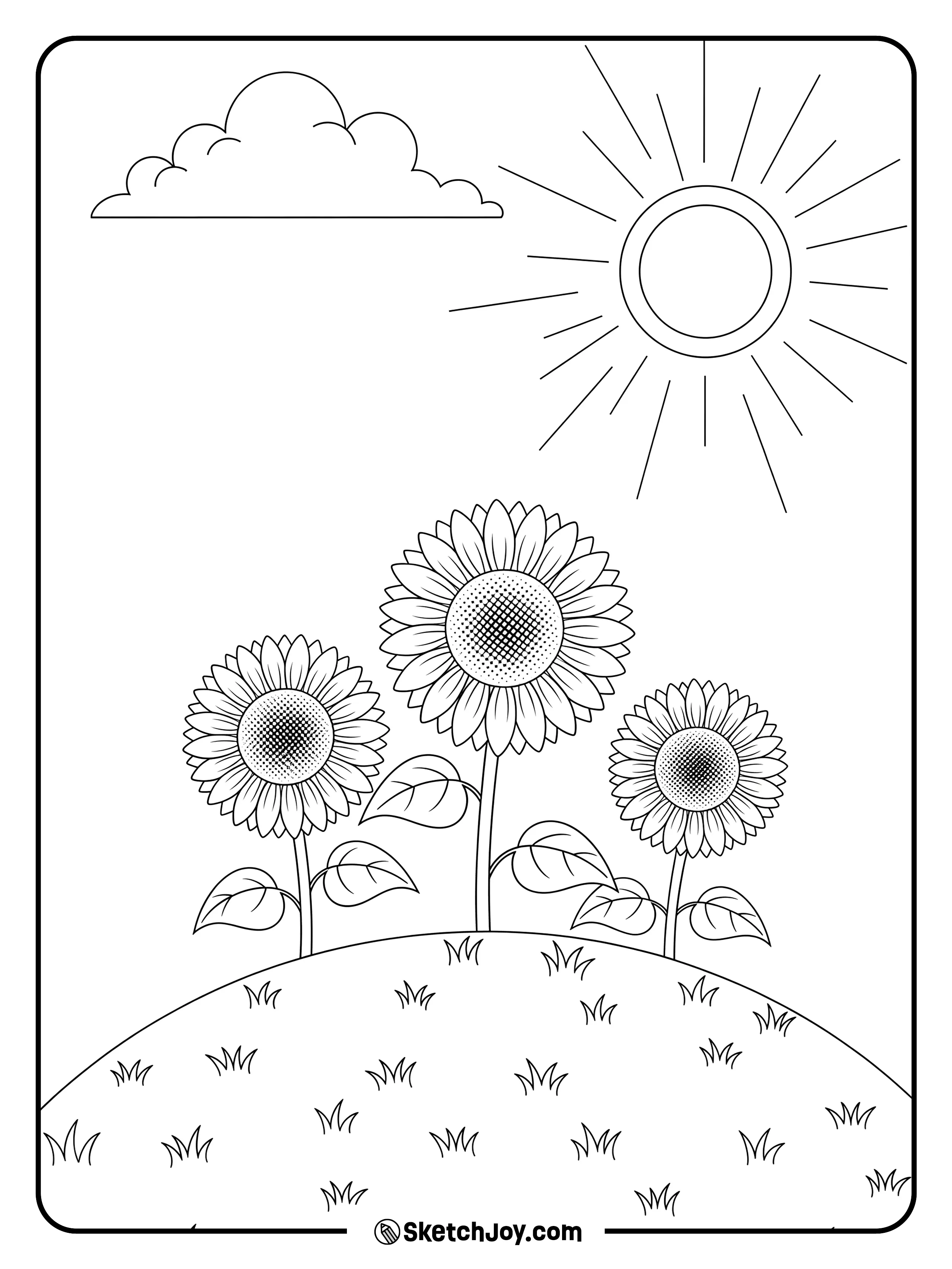 A few sunflowers grow on a soft hill under a bright sun.