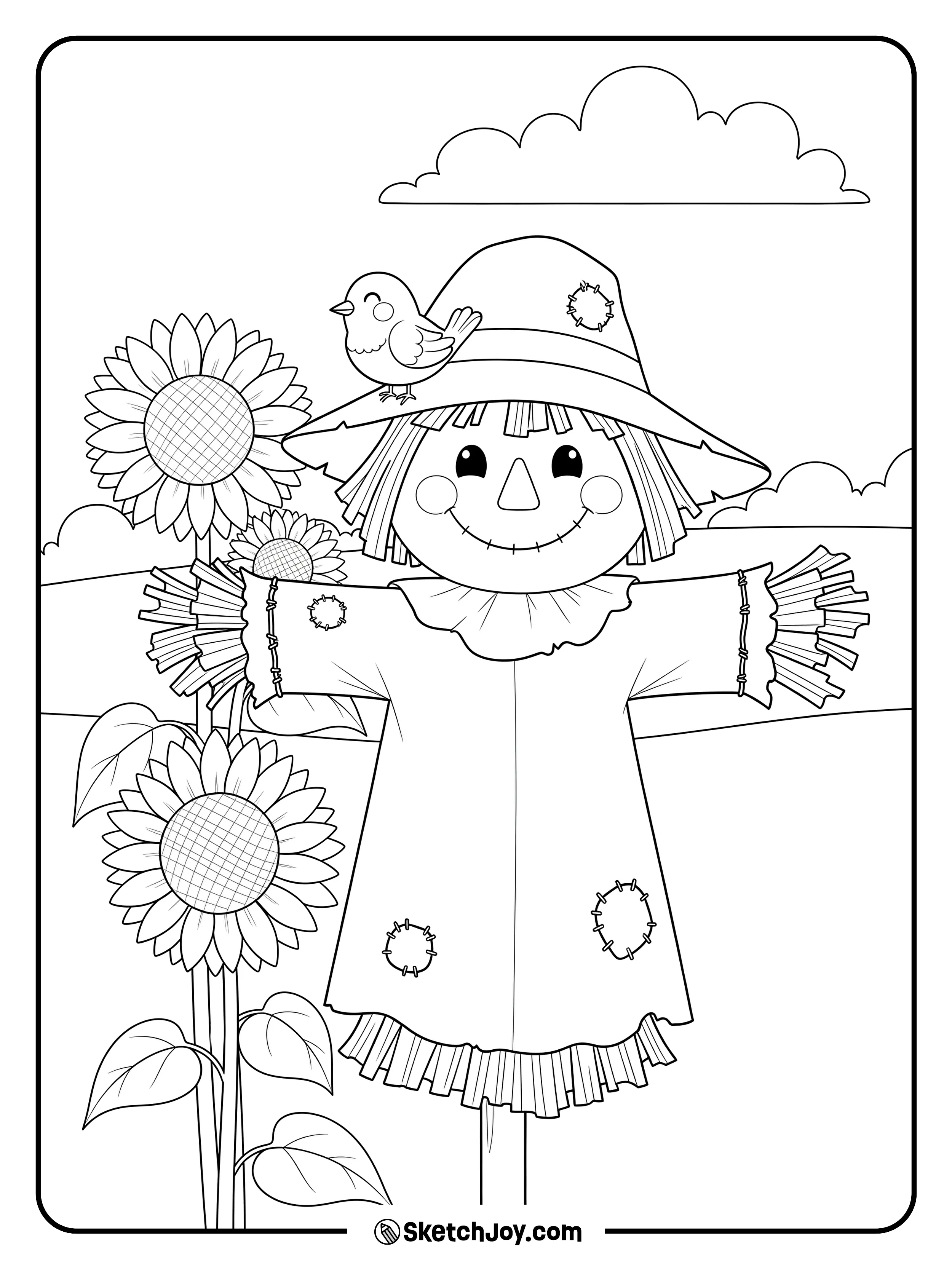 A friendly scarecrow stands by a small patch of sunflowers.