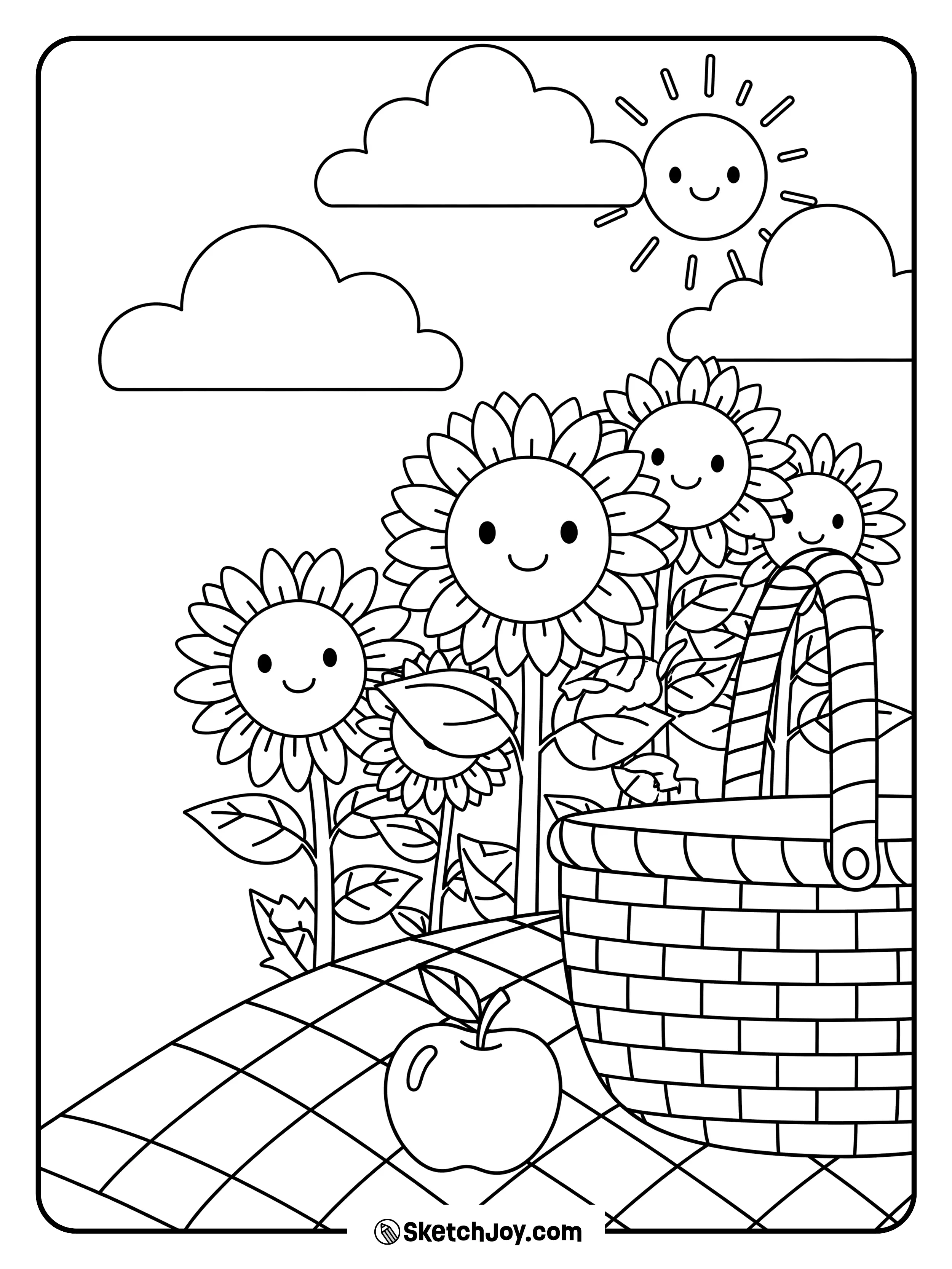 A small picnic cloth with snacks sits by a sunflower patch.