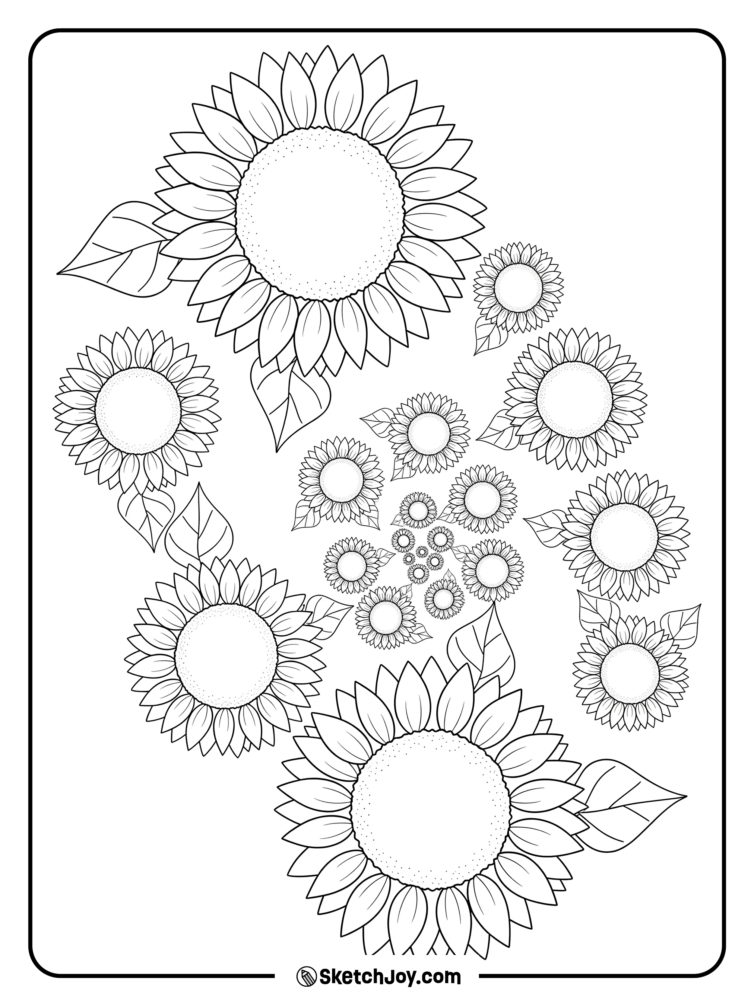 Overlapping sunflower heads form a gentle spiral.