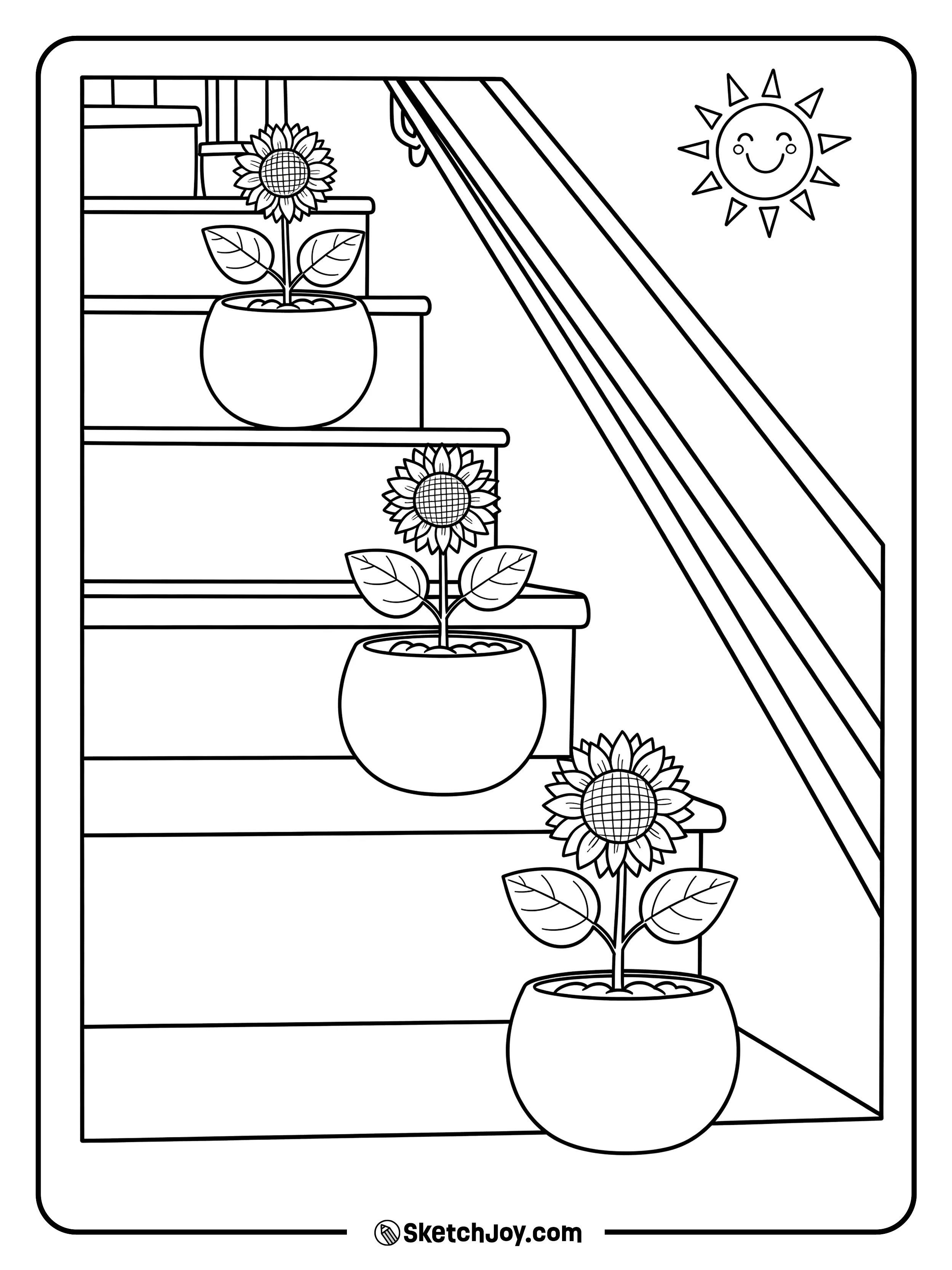 Three pots on steps each hold a small sunflower.