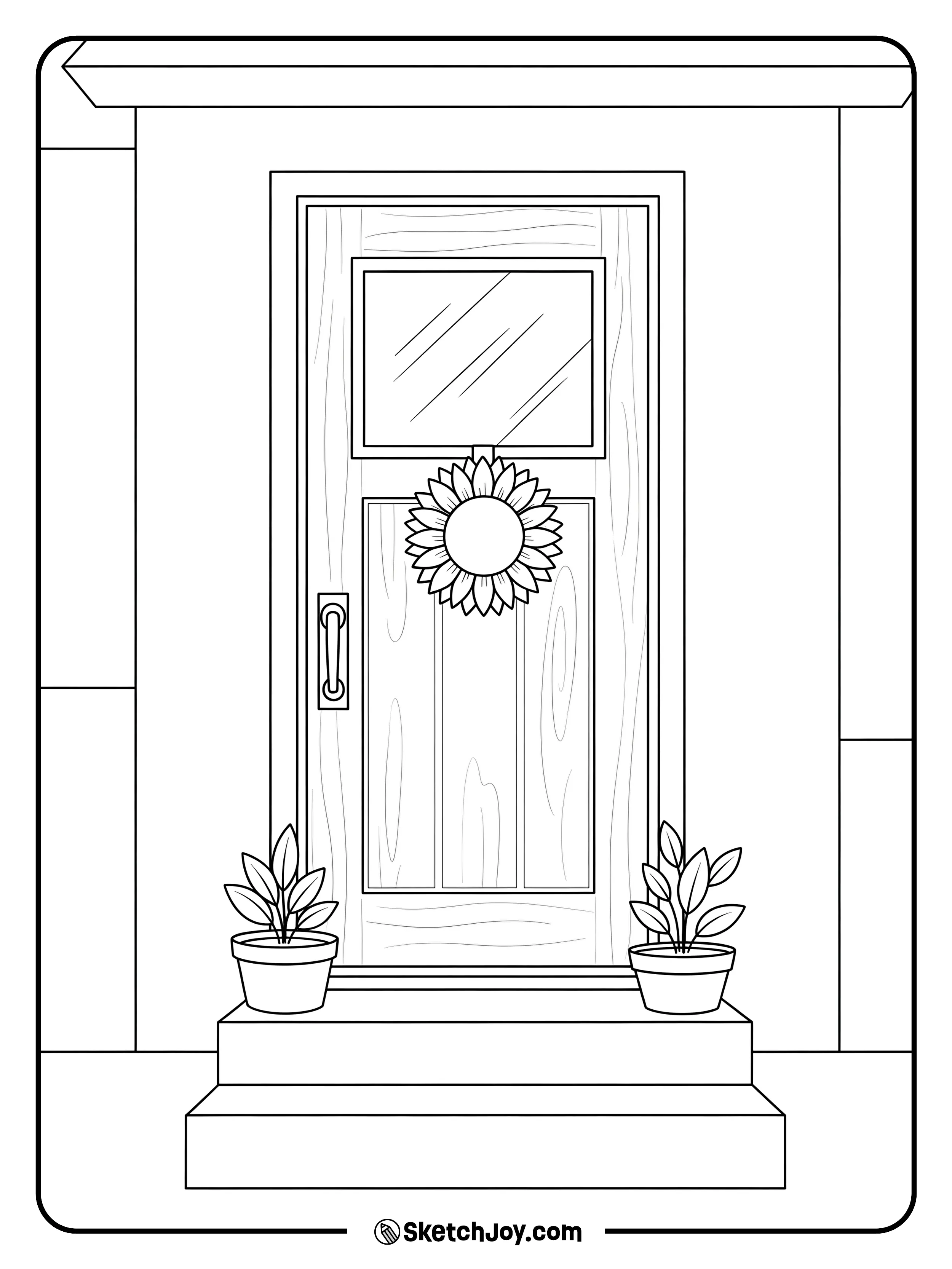 A front door shows a hanging sunflower hoop.