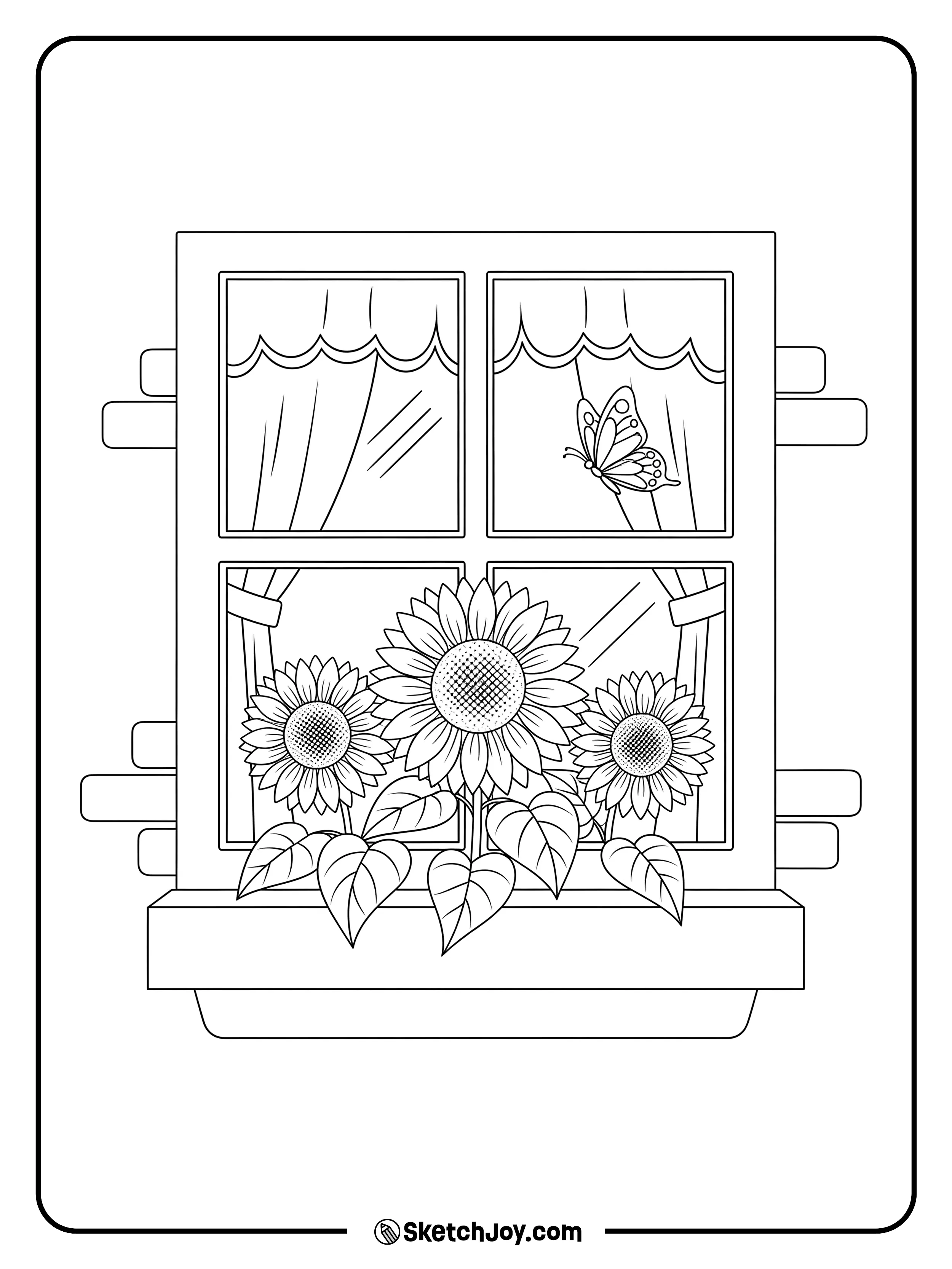 Sunflowers bloom in a box under a simple window.