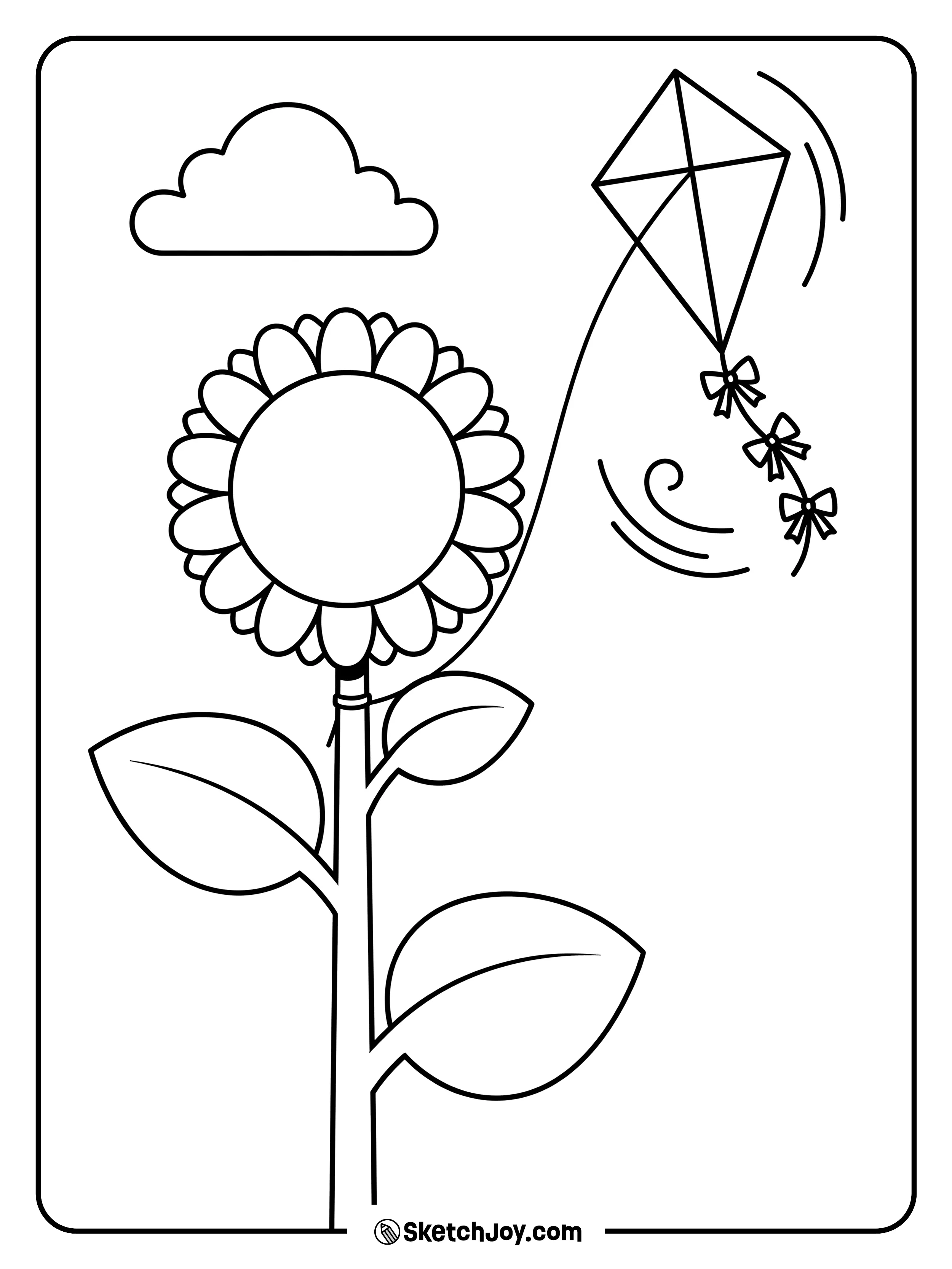 A simple kite floats above a tall sunflower on a breezy day.