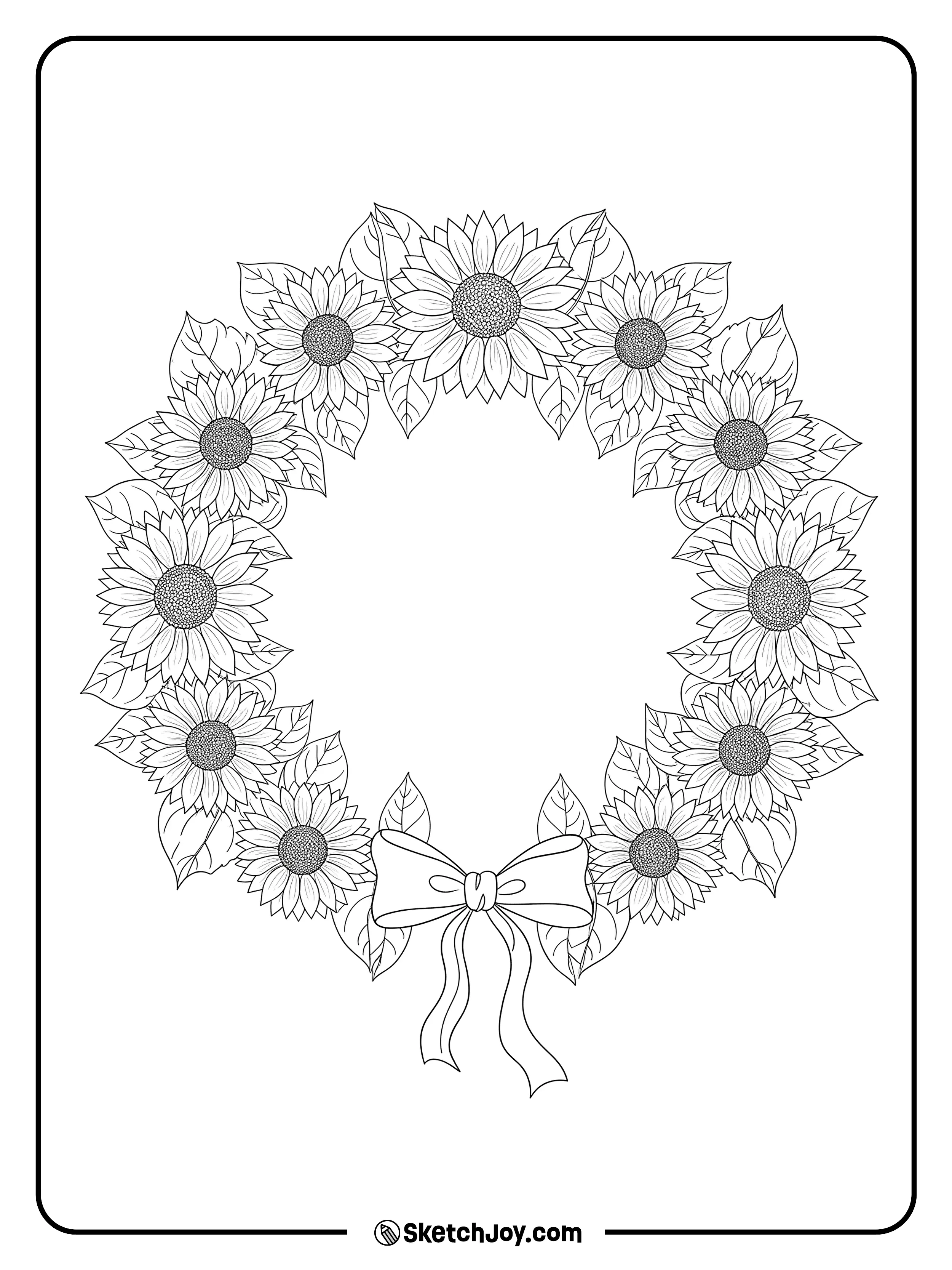 A ring of sunflowers and leaves forms a neat circle.