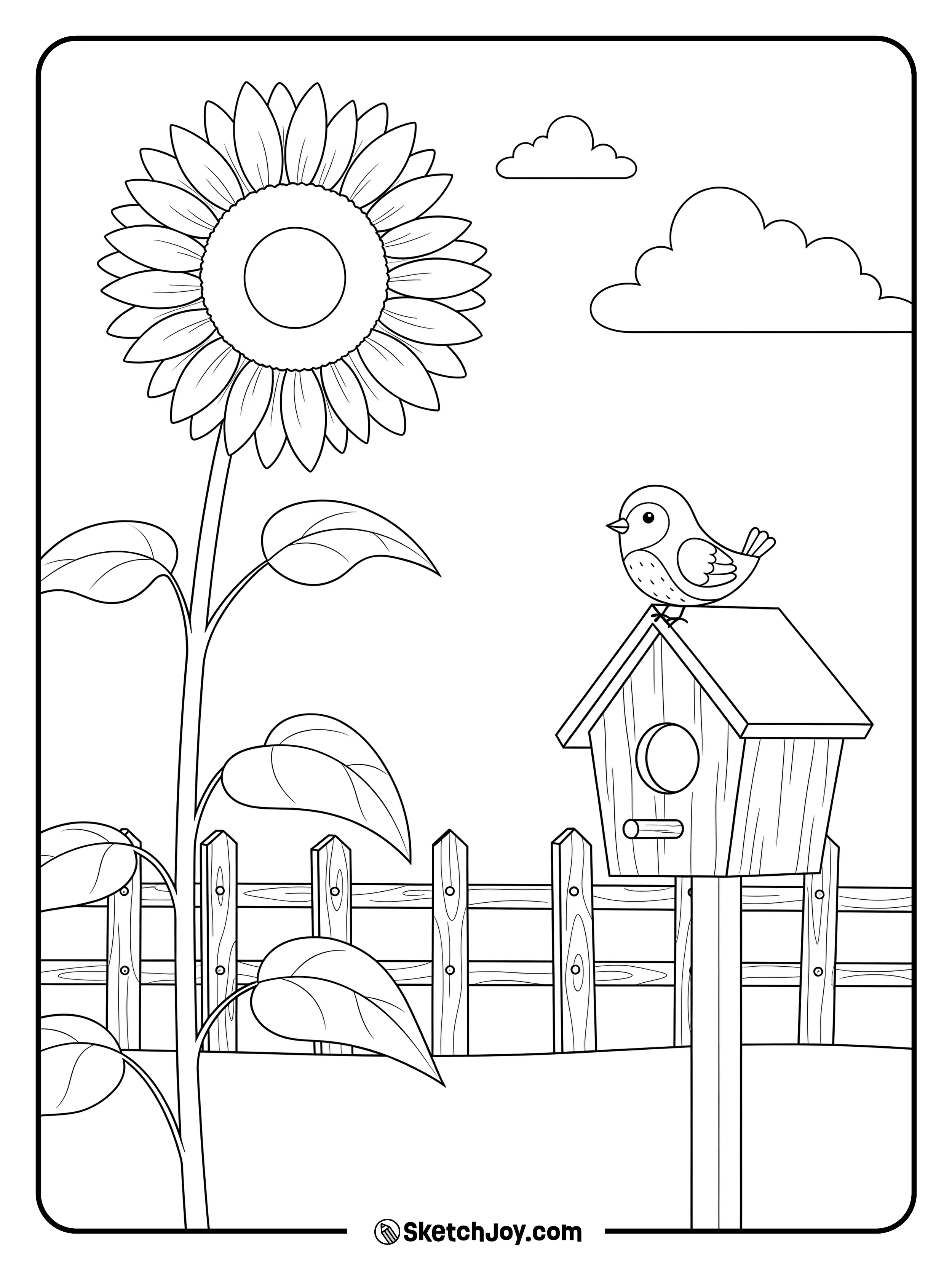 A tiny birdhouse hangs near a blooming sunflower.