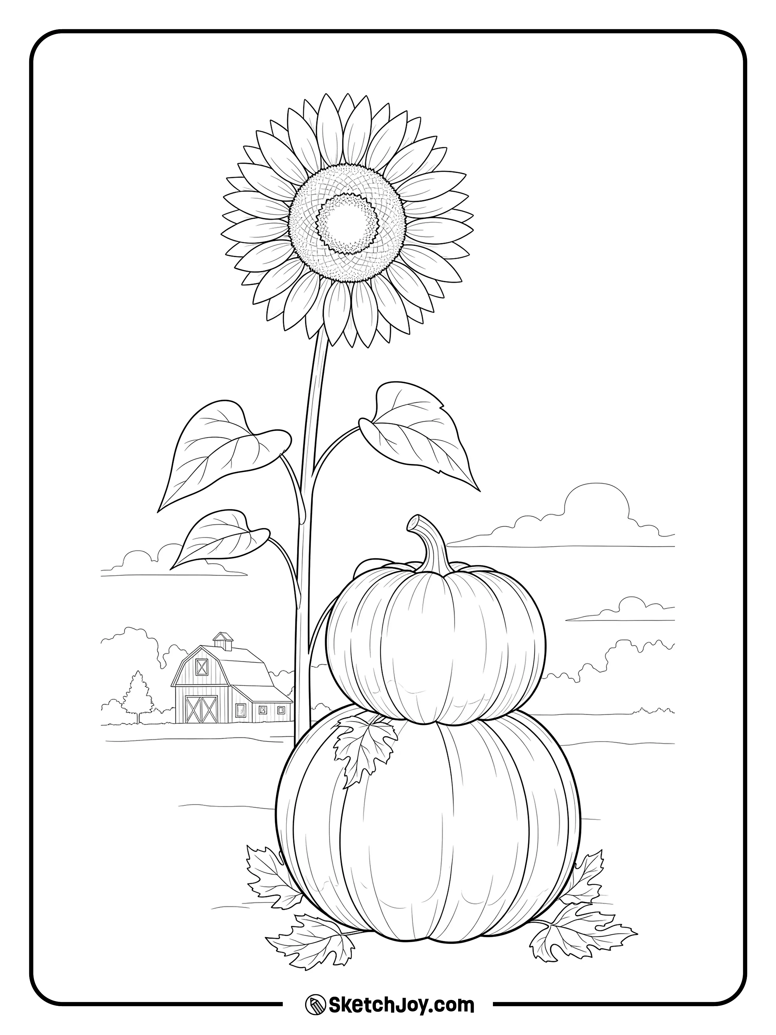 A stack of small pumpkins sits near a blooming sunflower.