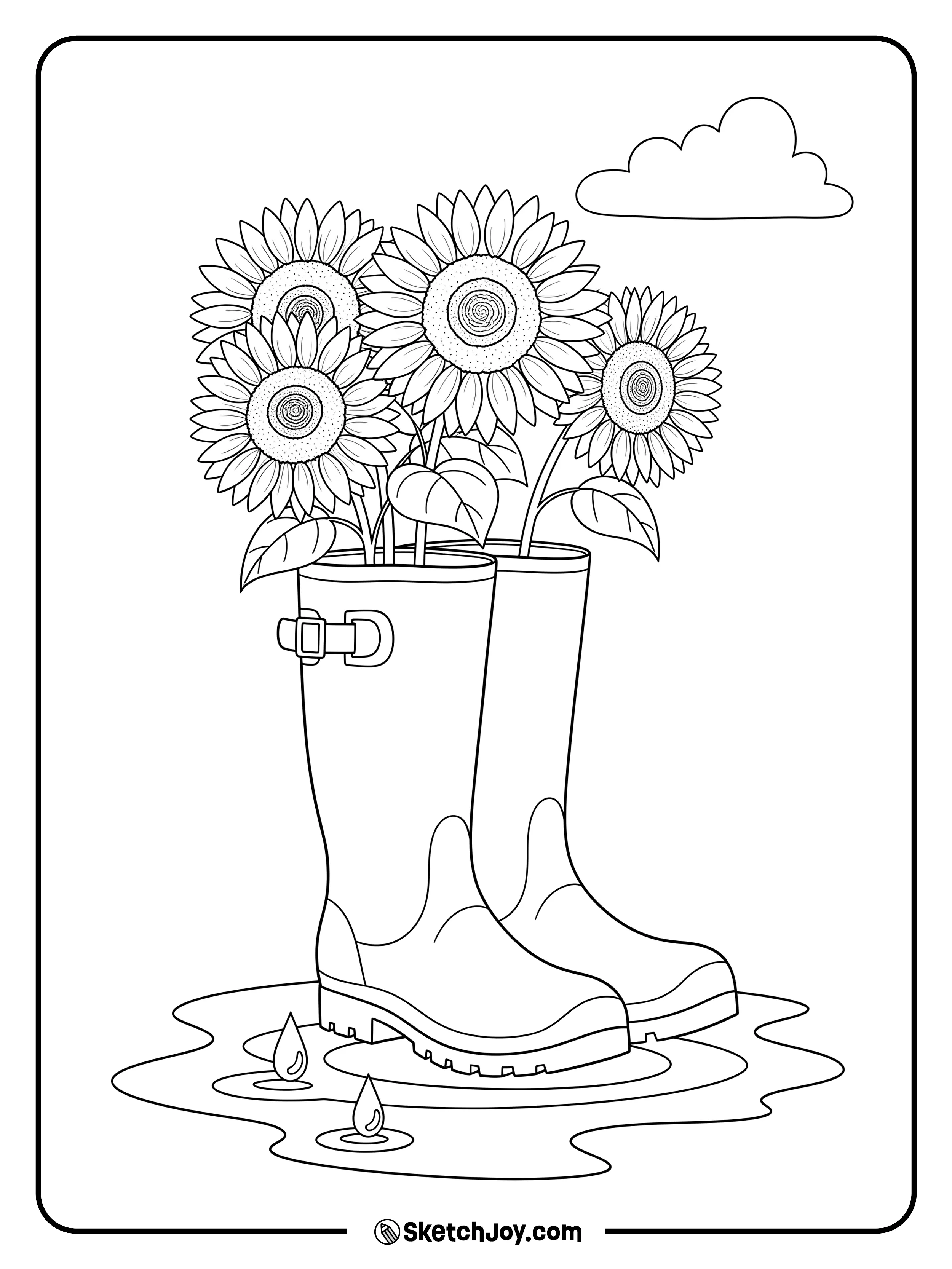 A bunch of sunflowers sits inside a pair of rain boots.