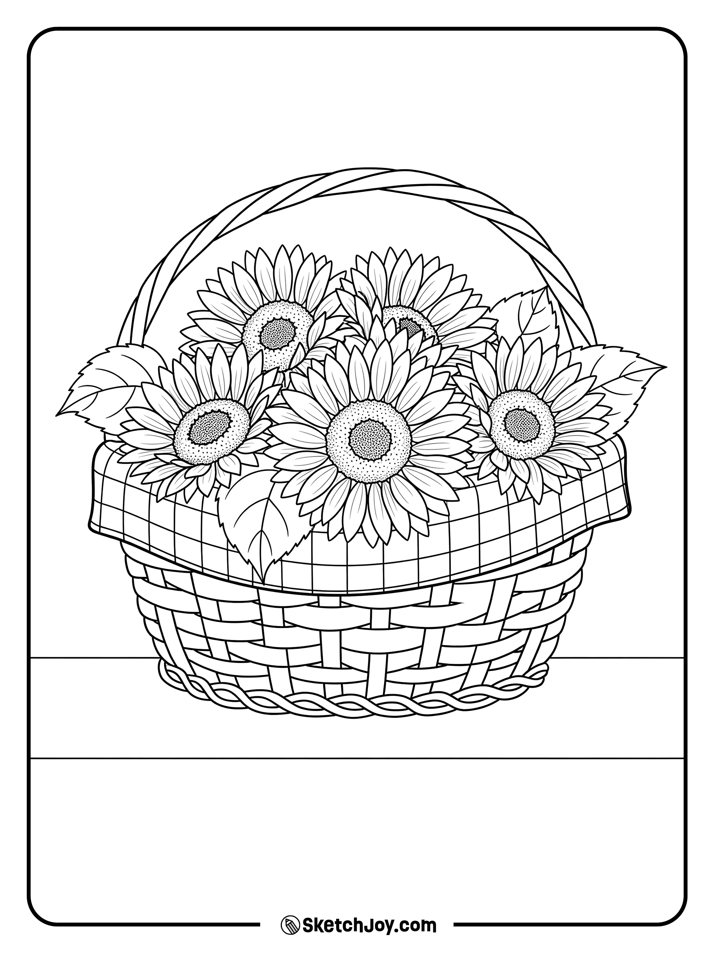 A woven basket holds a tidy bunch of sunflowers.