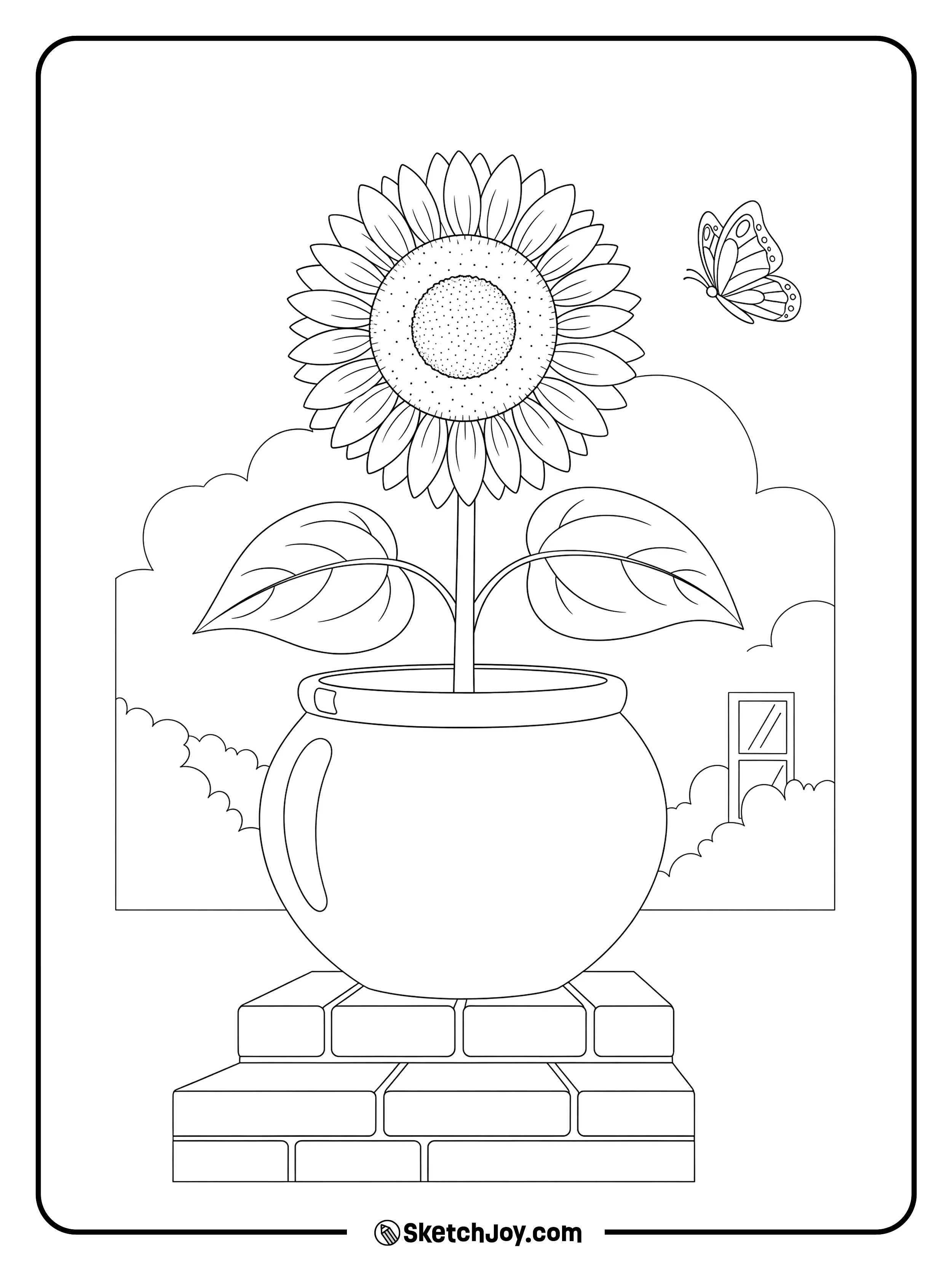 A small sunflower grows from a plain clay pot.