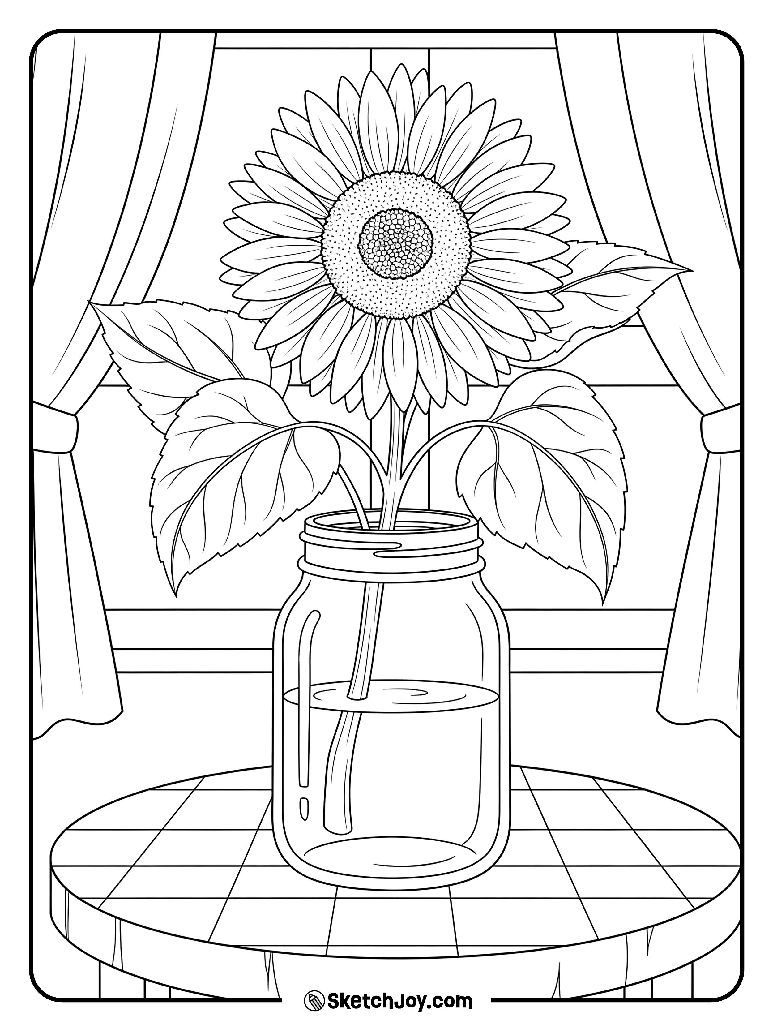 A cut sunflower sits in a simple mason jar on a table.