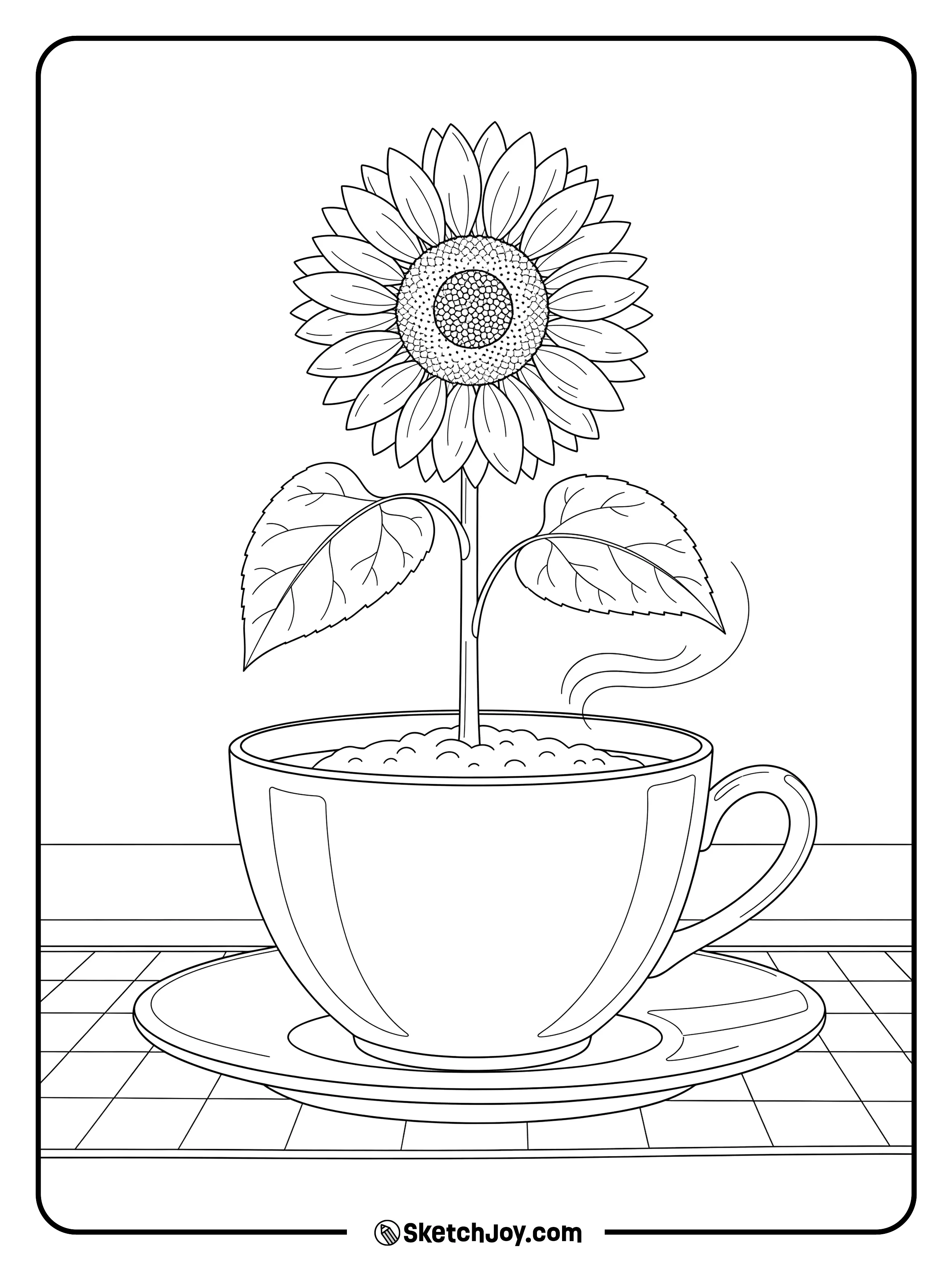 A small sunflower grows from a cute teacup.