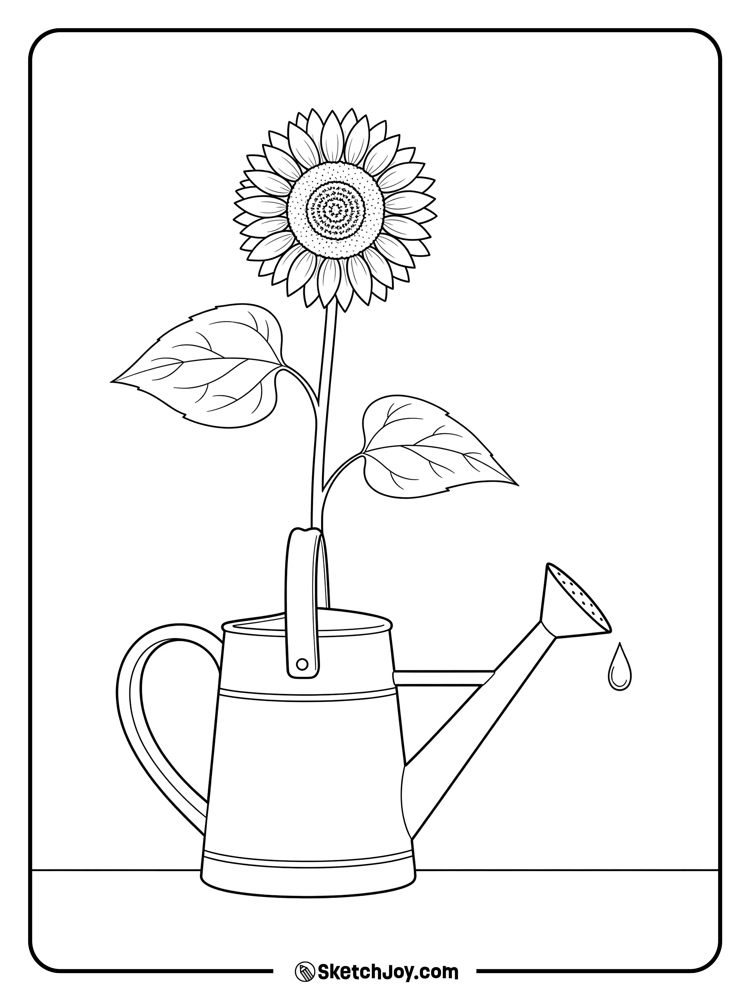 A watering can holds one tall sunflower like a vase.