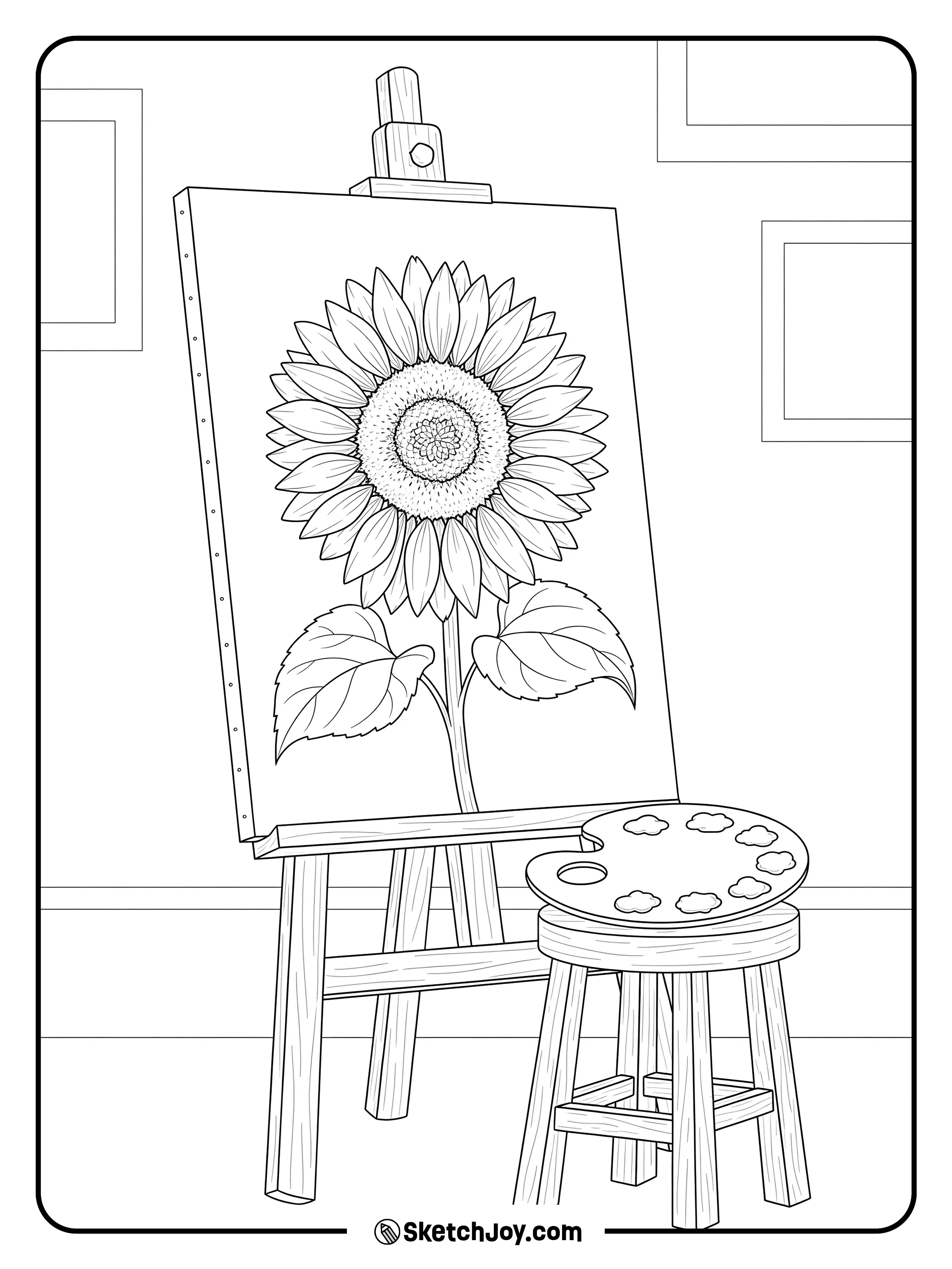 A canvas on an easel shows a detailed sunflower study.