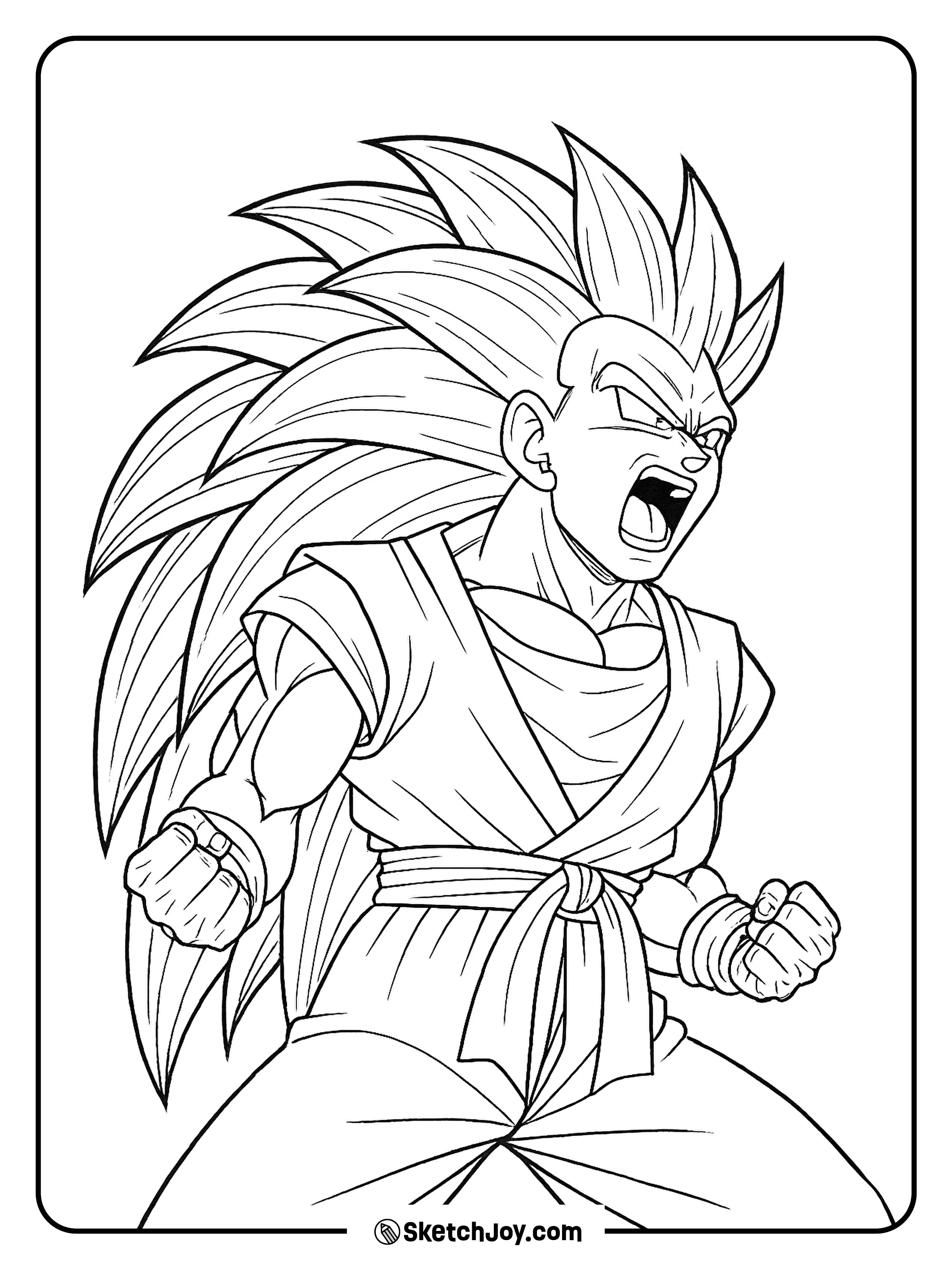 Super Saiyan 3 Goku shows long hair and a fierce look.