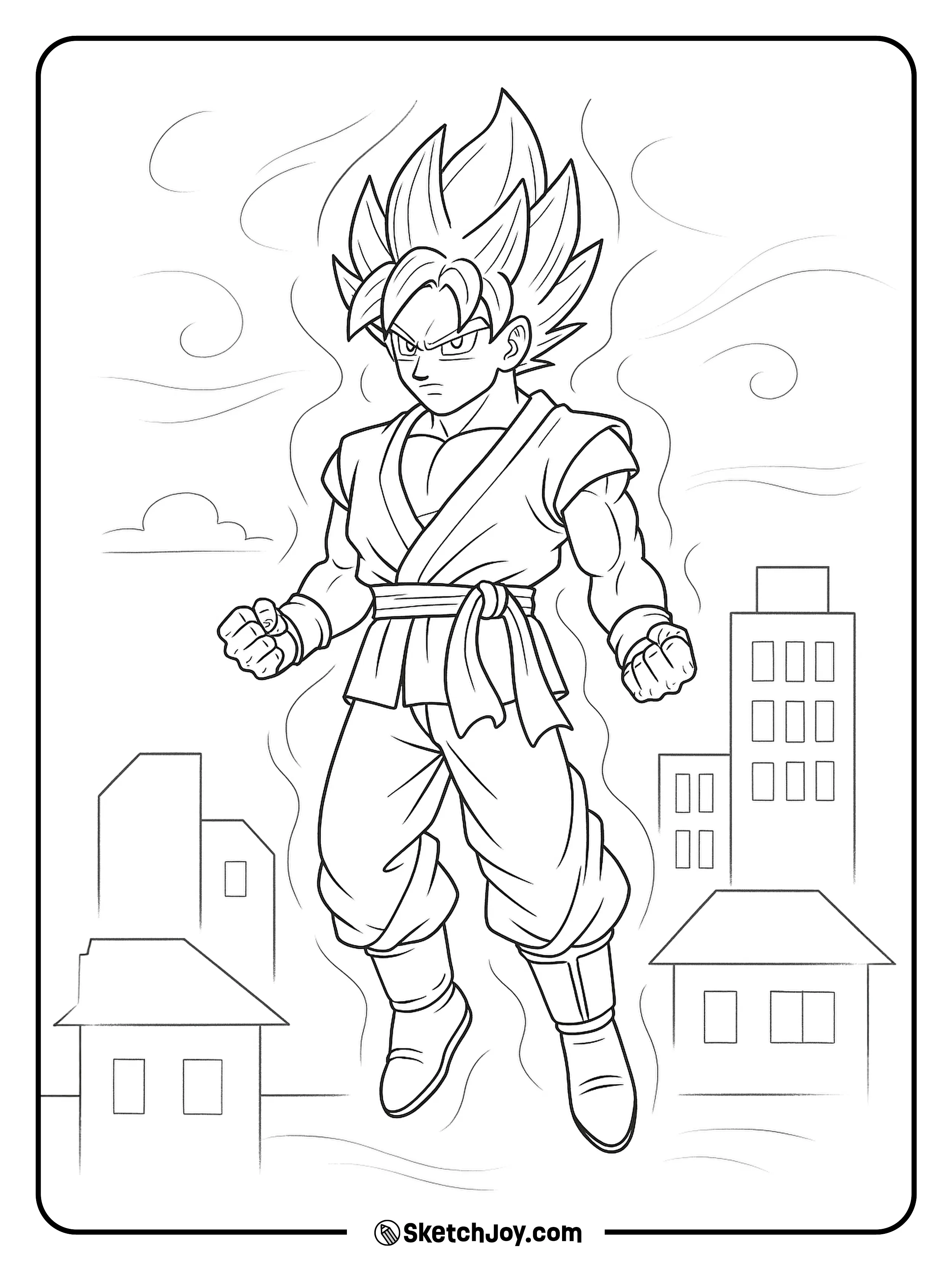 Goku hovers above simple rooftops with wind lines.