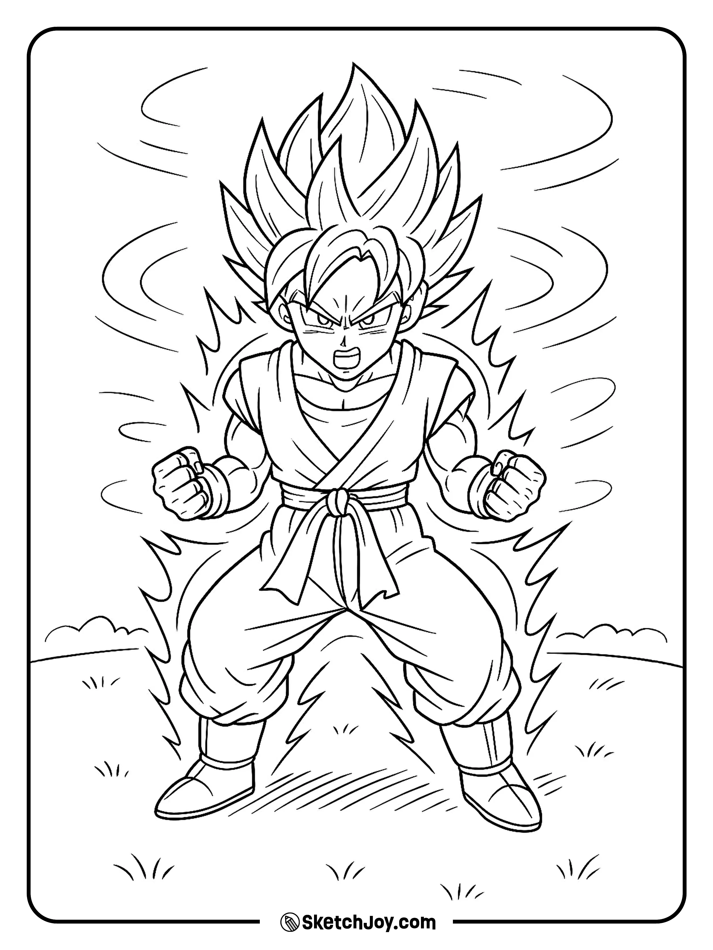 Super Saiyan Blue Goku powers up as wind swirls around him.