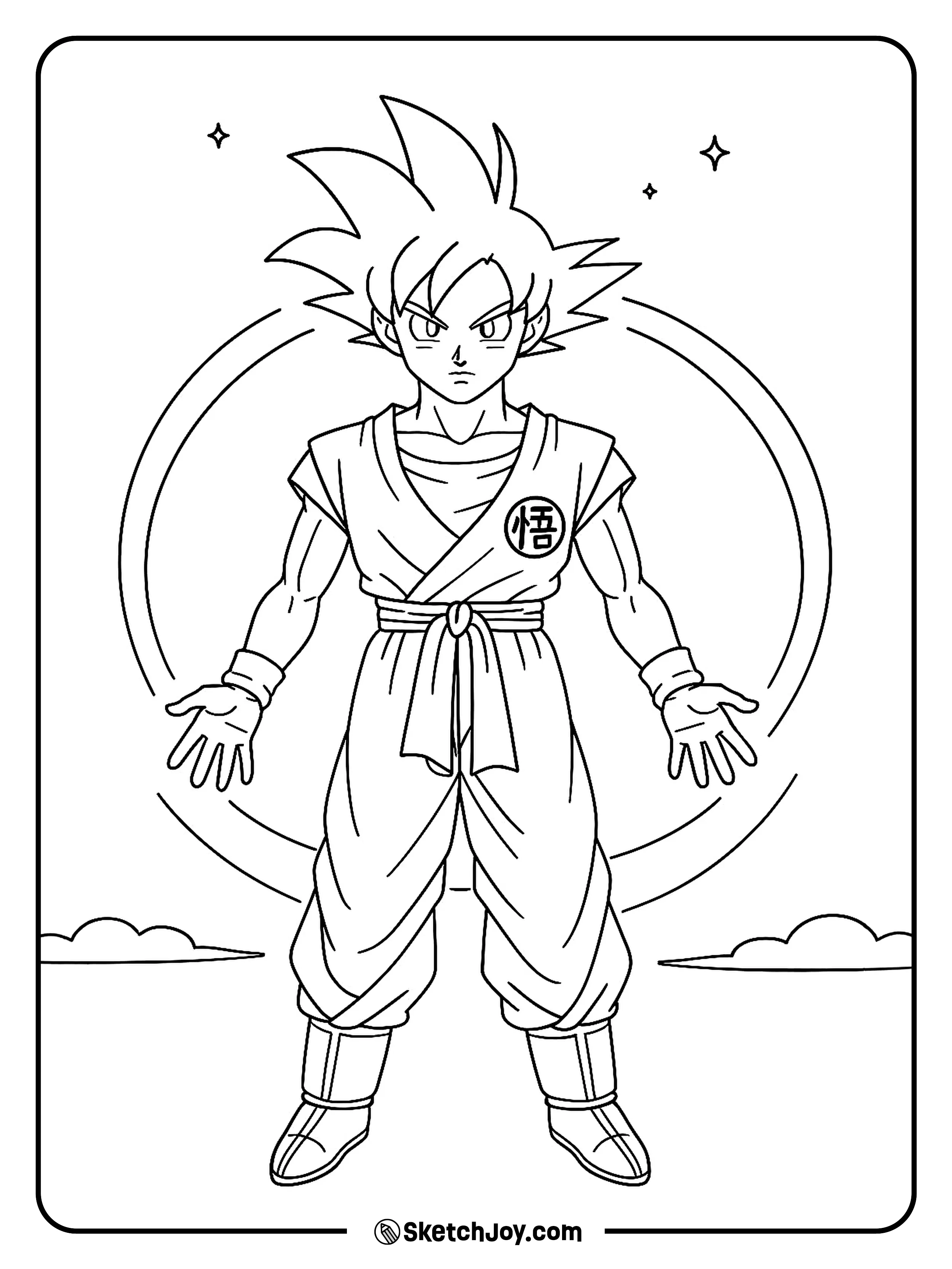 Super Saiyan God Goku stands light and calm with a soft glow.