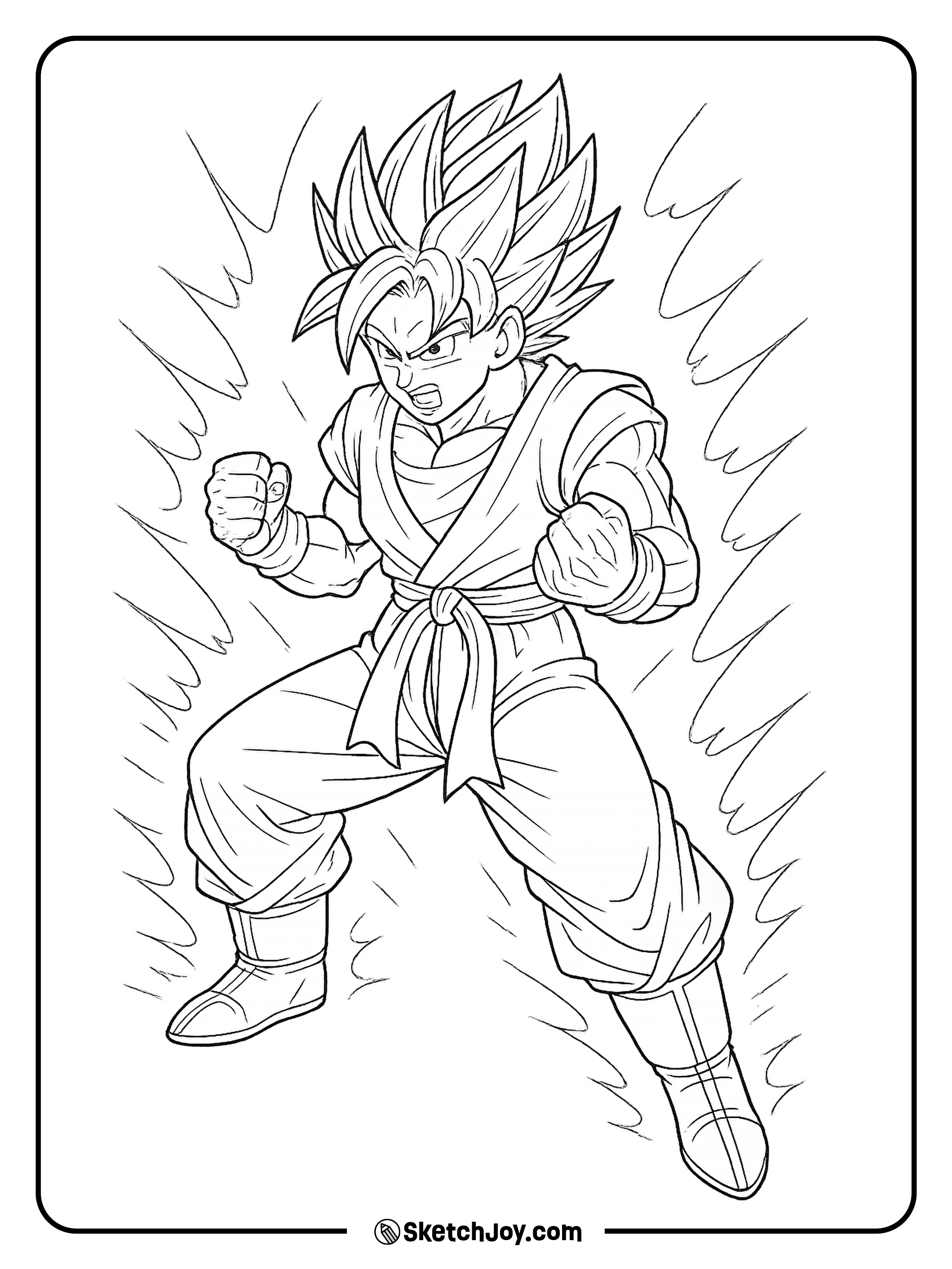 Super Saiyan Goku stands strong with spiky hair and a bold pose.