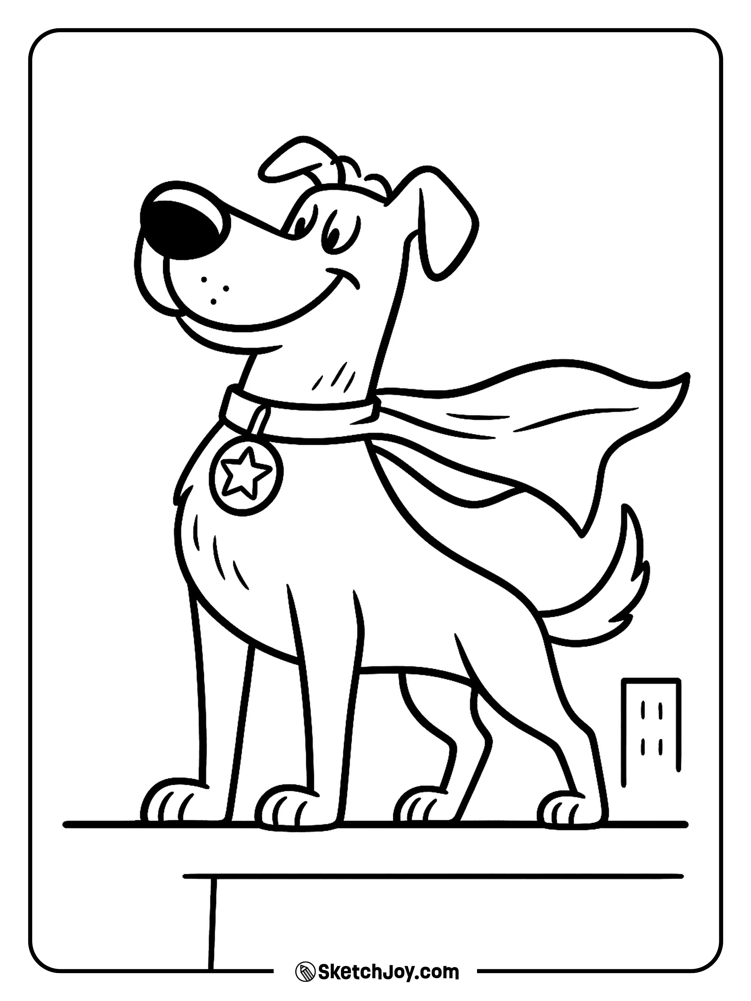 A bold dog stands like a hero with a flying cape.