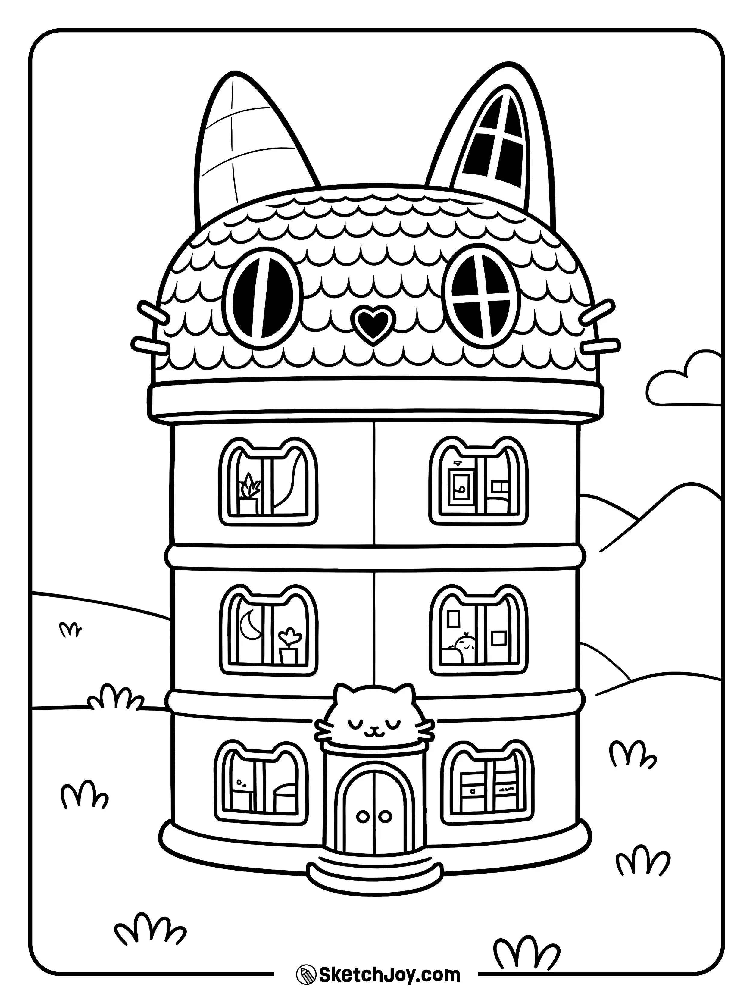 The cat-shaped home stands tall with cute windows.