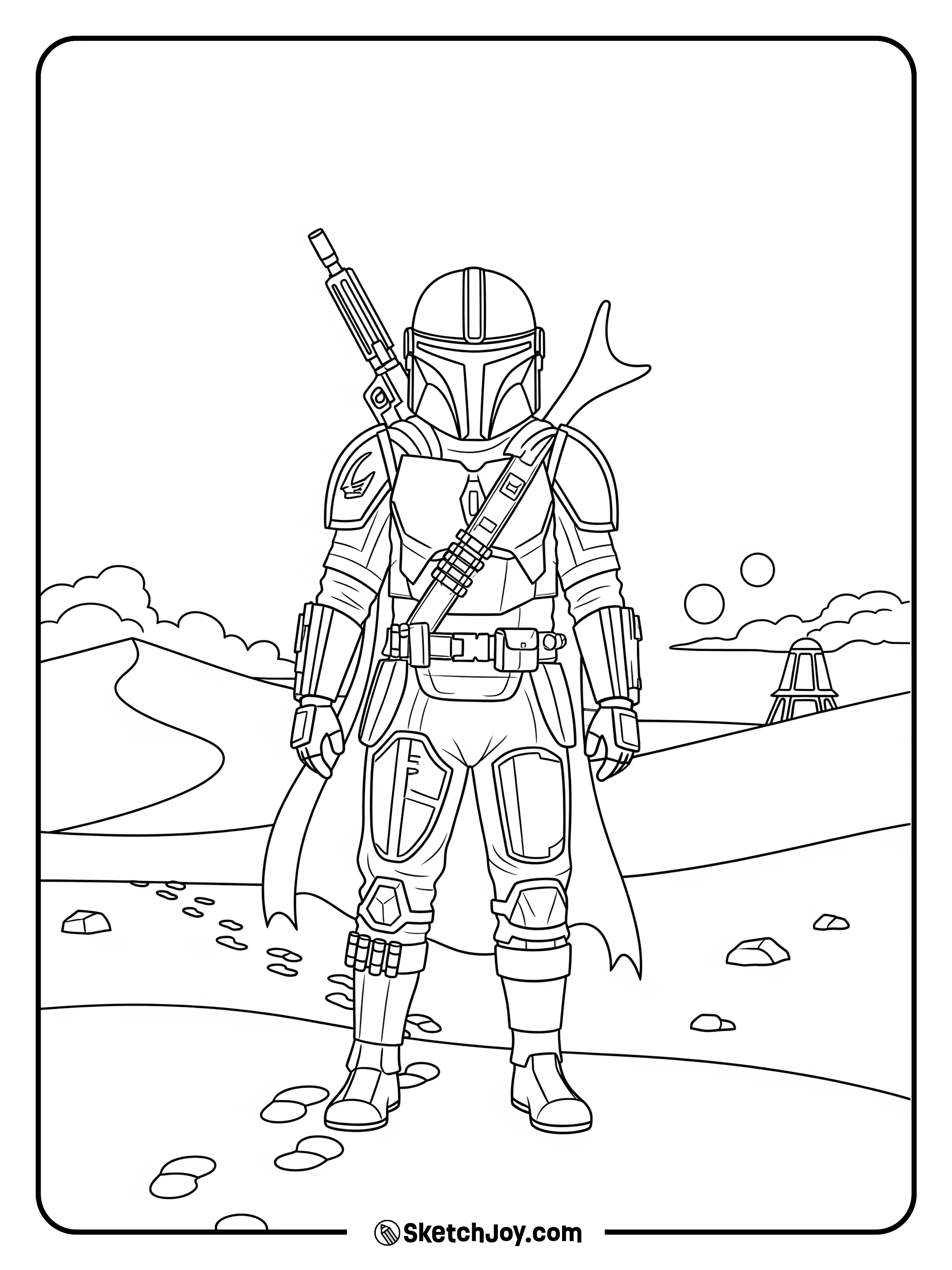 Din Djarin walks with calm steps under twin suns.