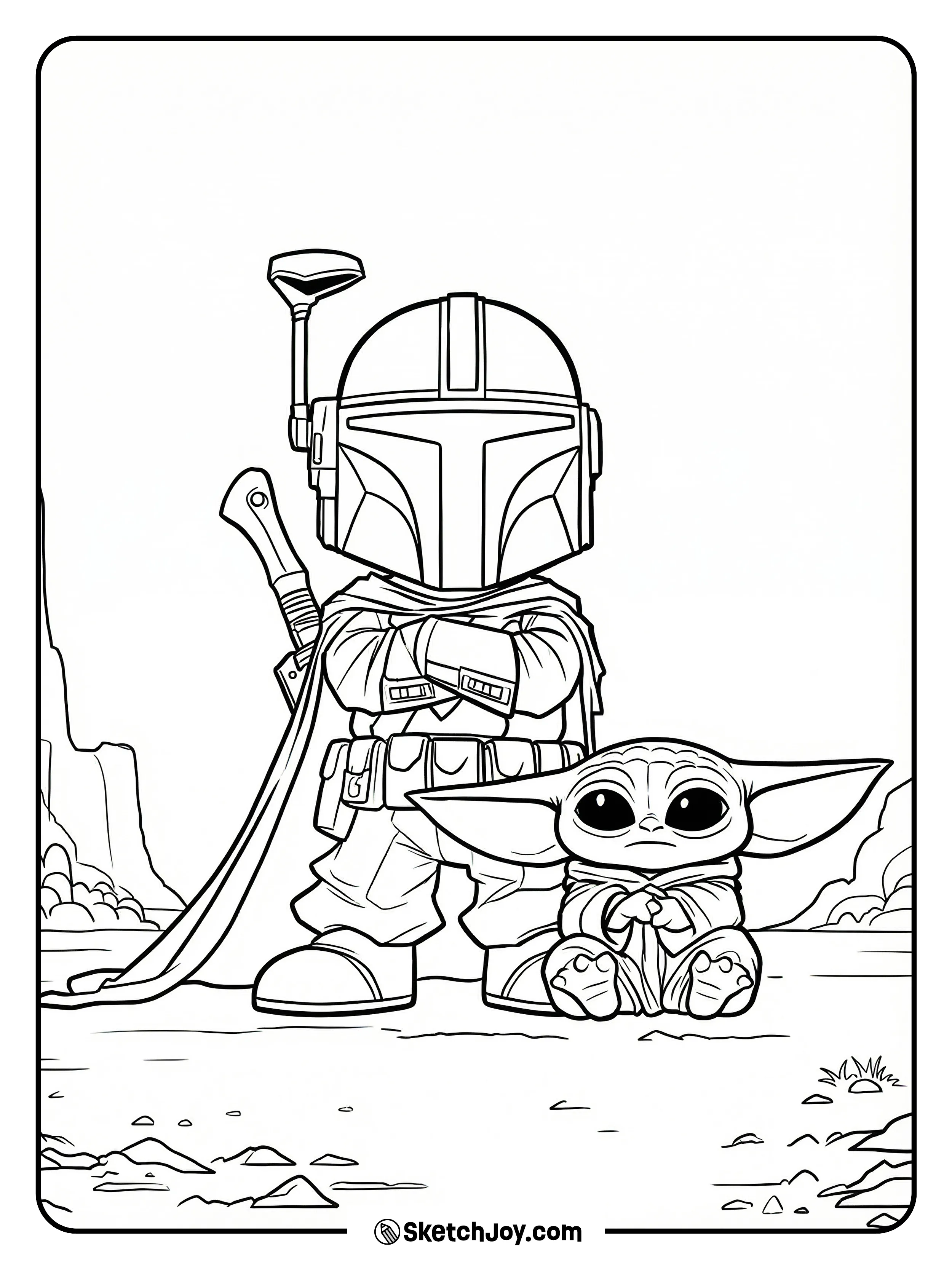 Din Djarin stands guard while Grogu sits by his boots on a rocky path.