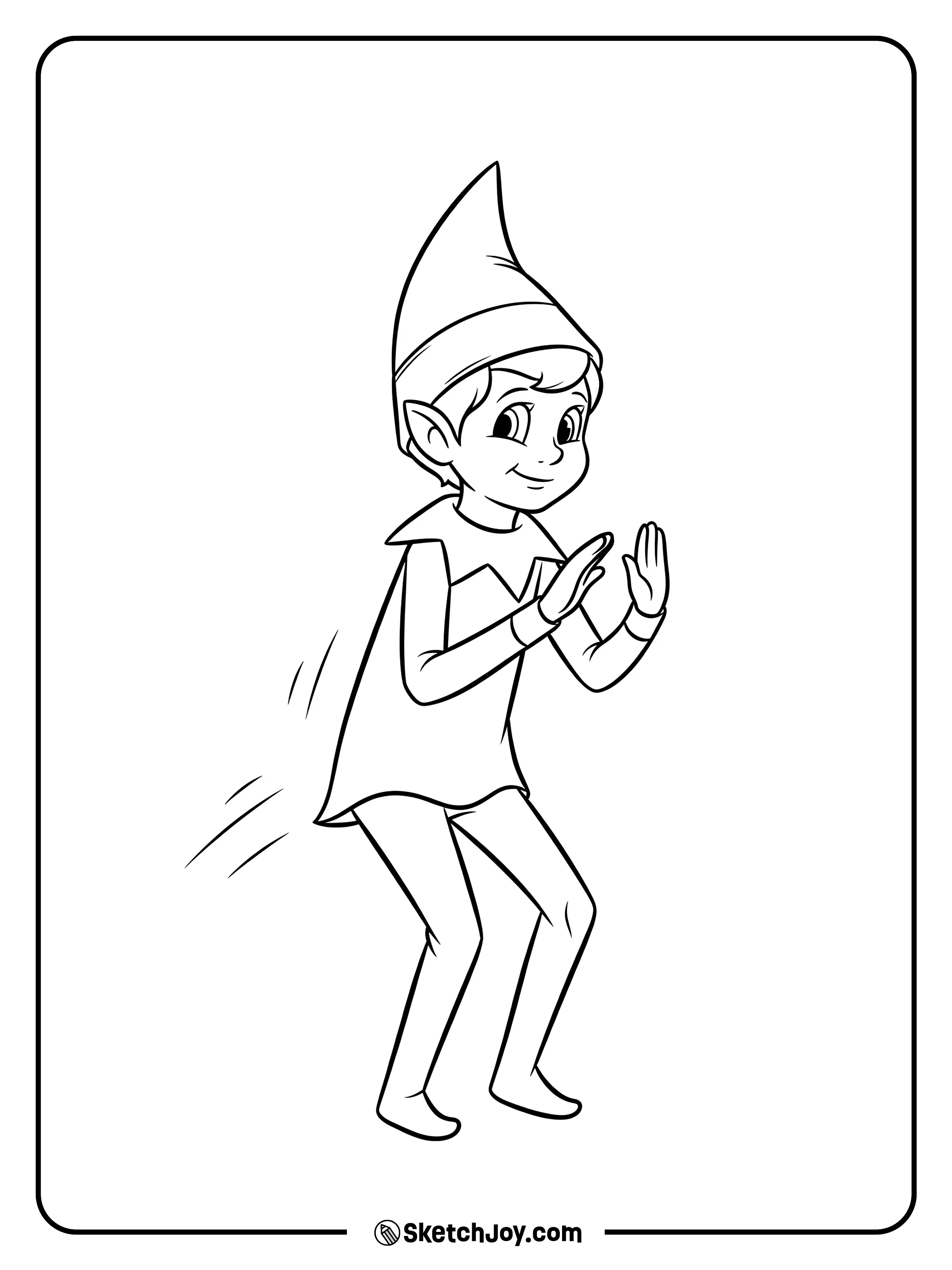 The elf tiptoes with hands up.